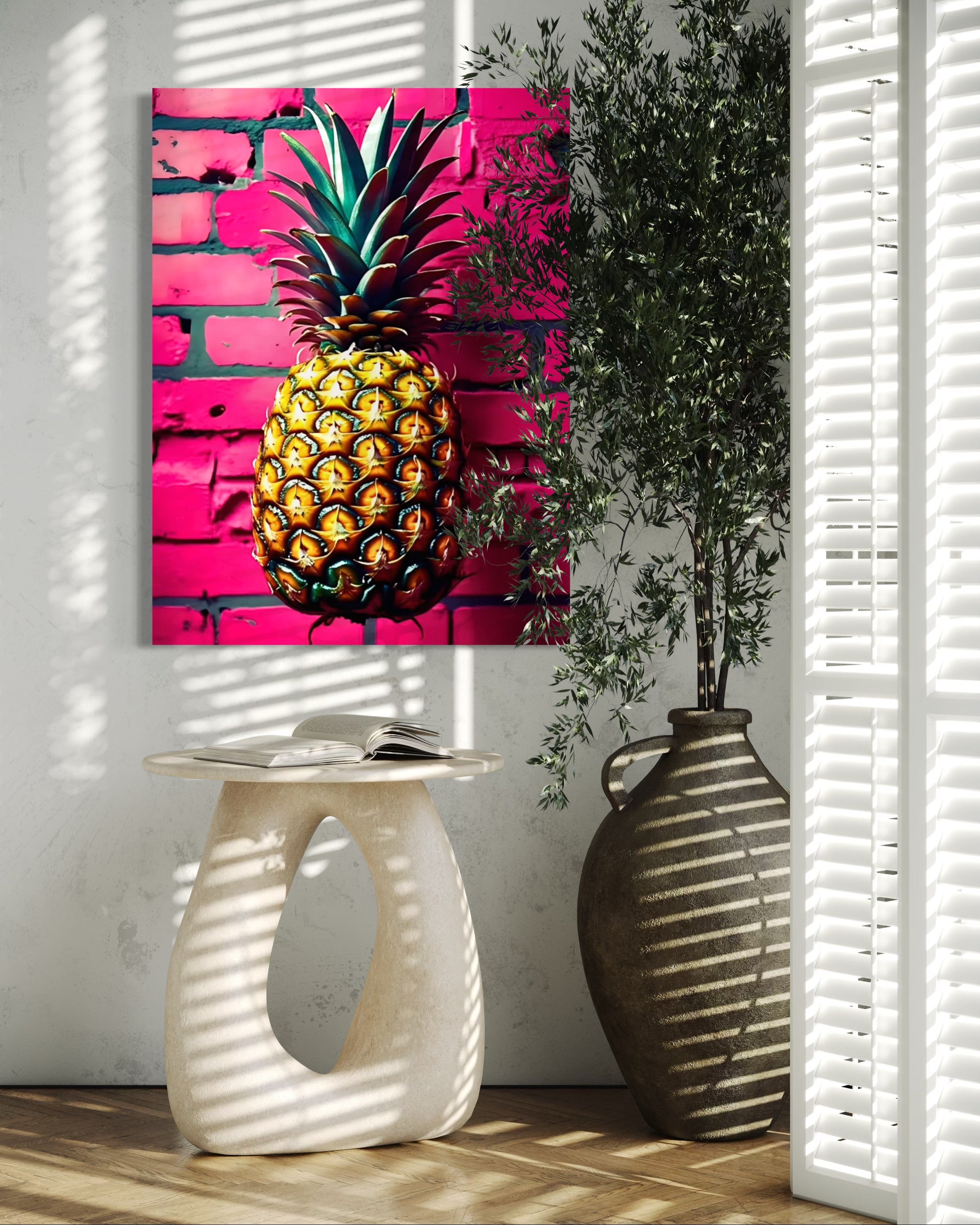 Vibrant Pineapple with Hot Pink Brick Background