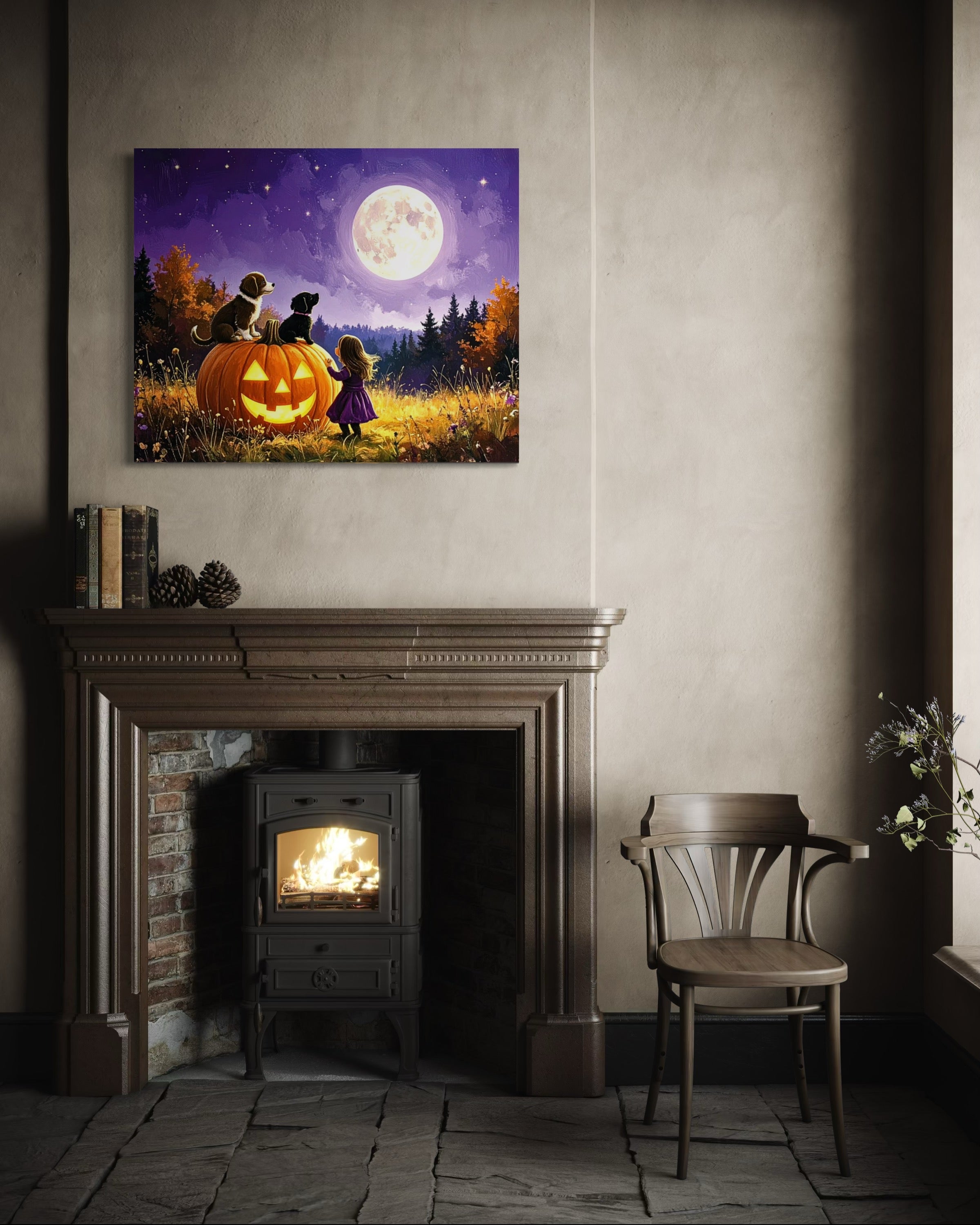 Little Girl and Puppies in the Moonlight