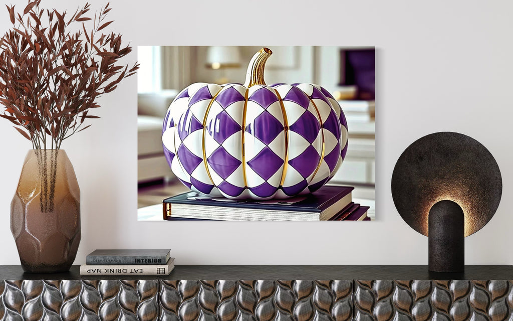 Purple and Gold Checkered Ceramic Pumpkin