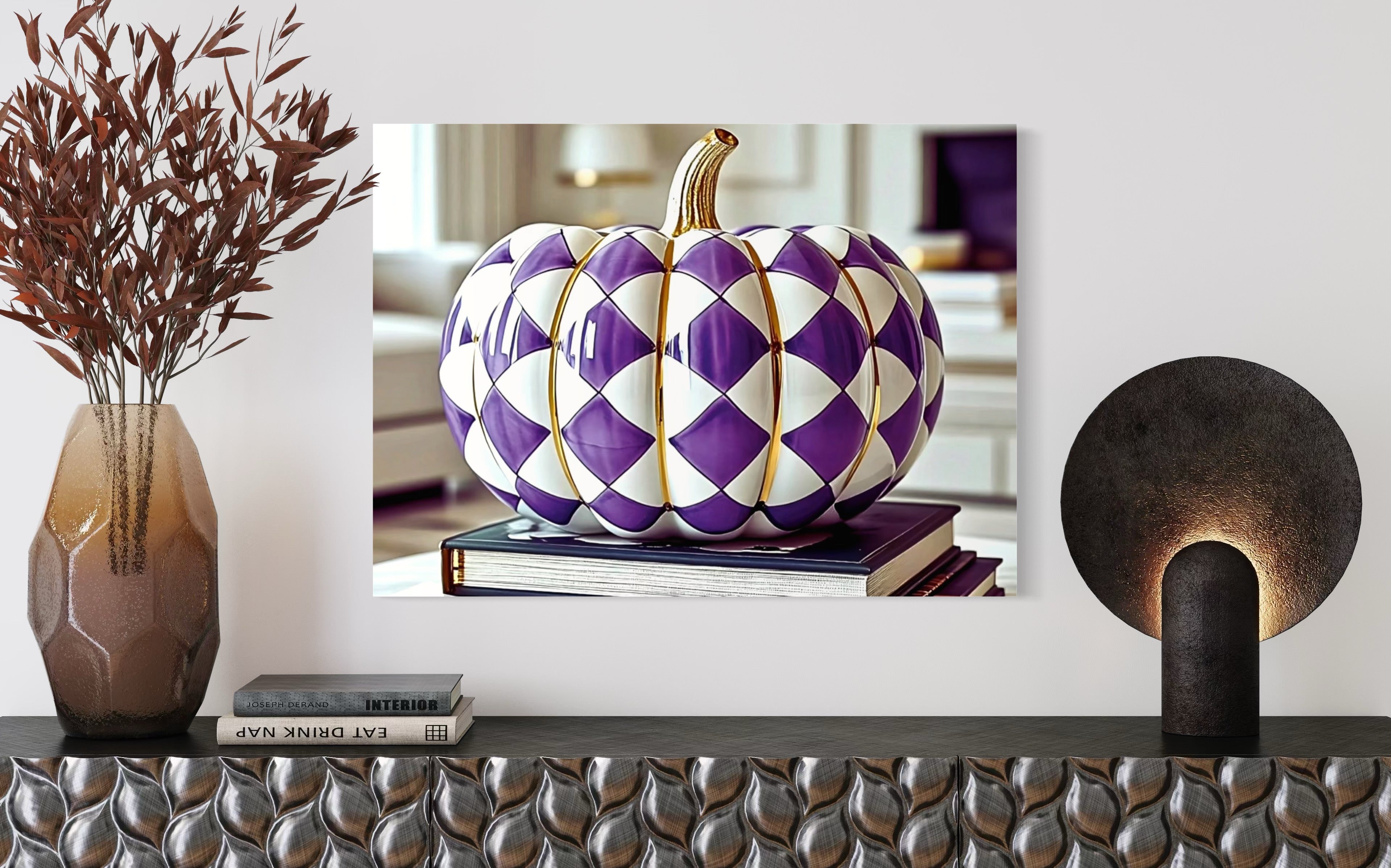 Purple and Gold Checkered Ceramic Pumpkin