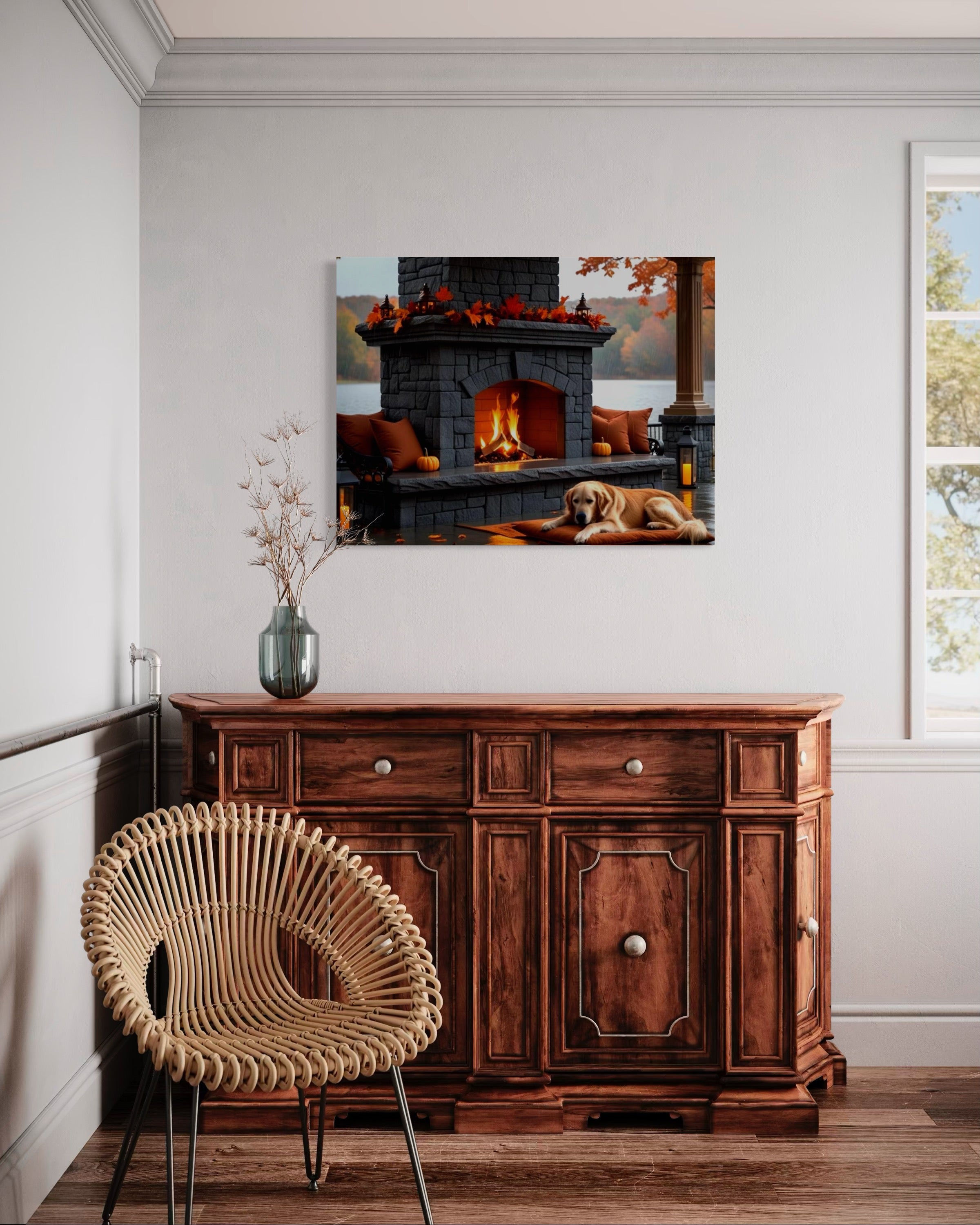 Fall fireplace on the Lake in the Rain