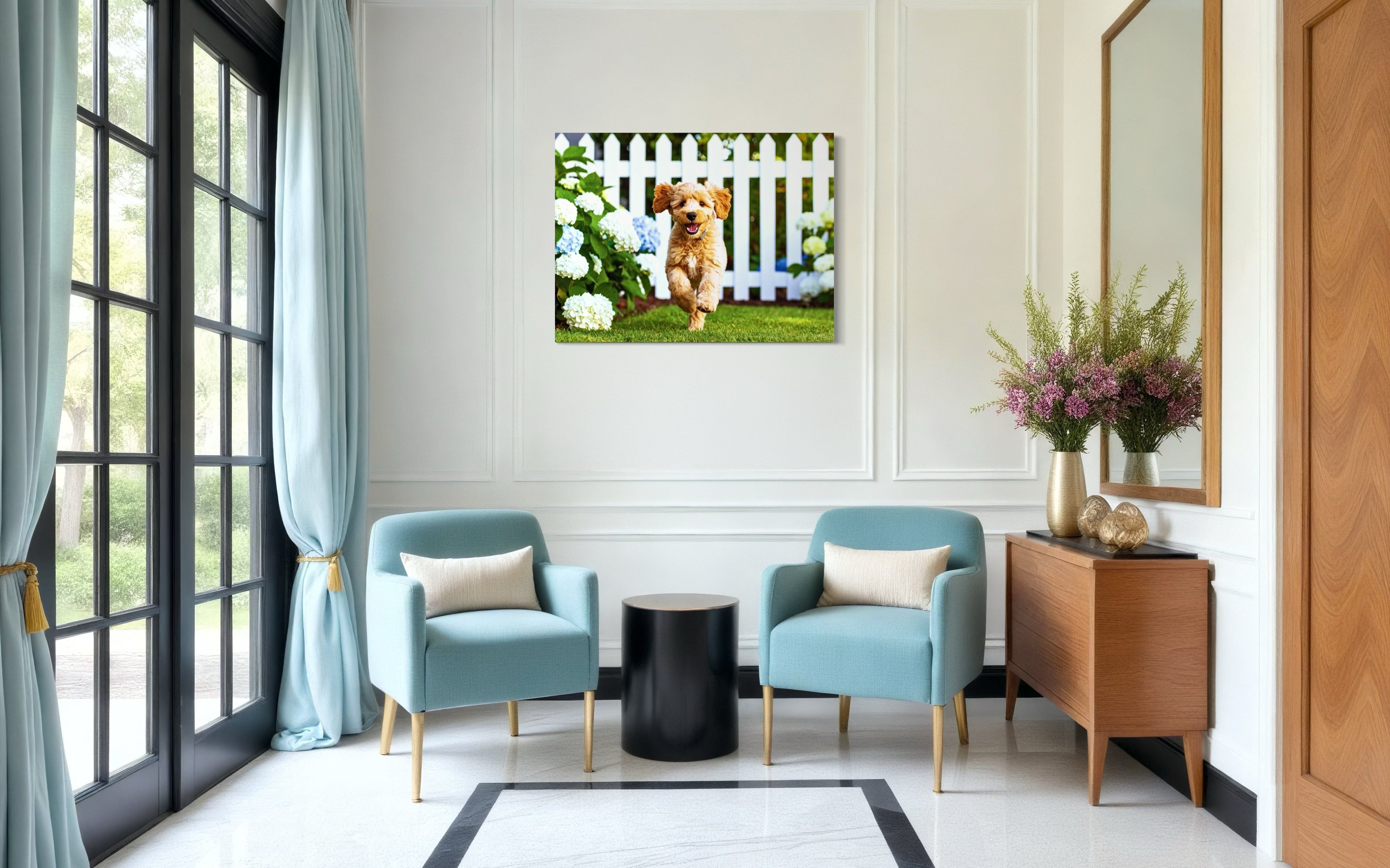 Goldendoodle Puppy Hydrangea Garden Museum Print