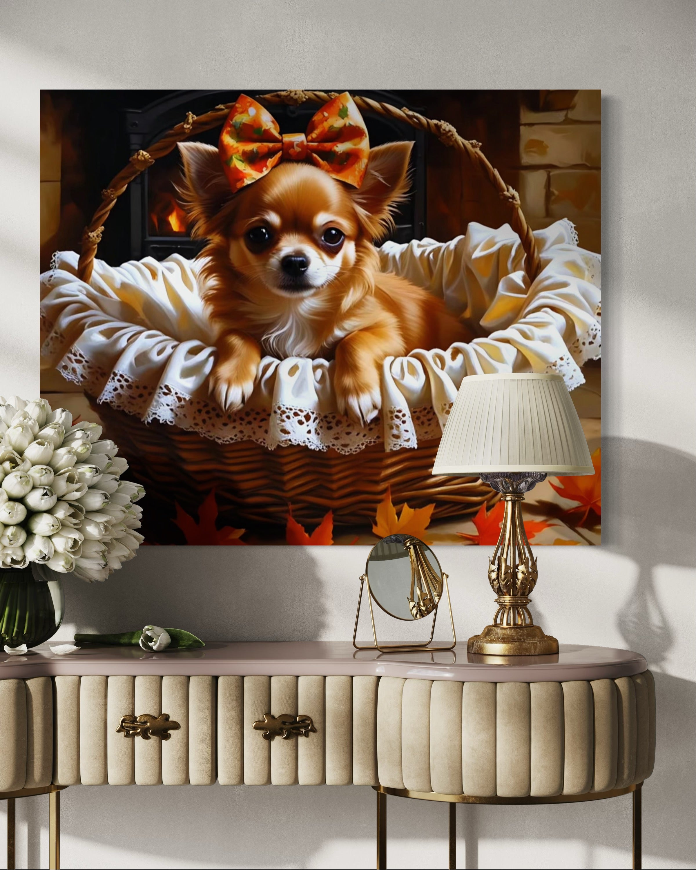 Autumn Chihuahua with Bow in Basket