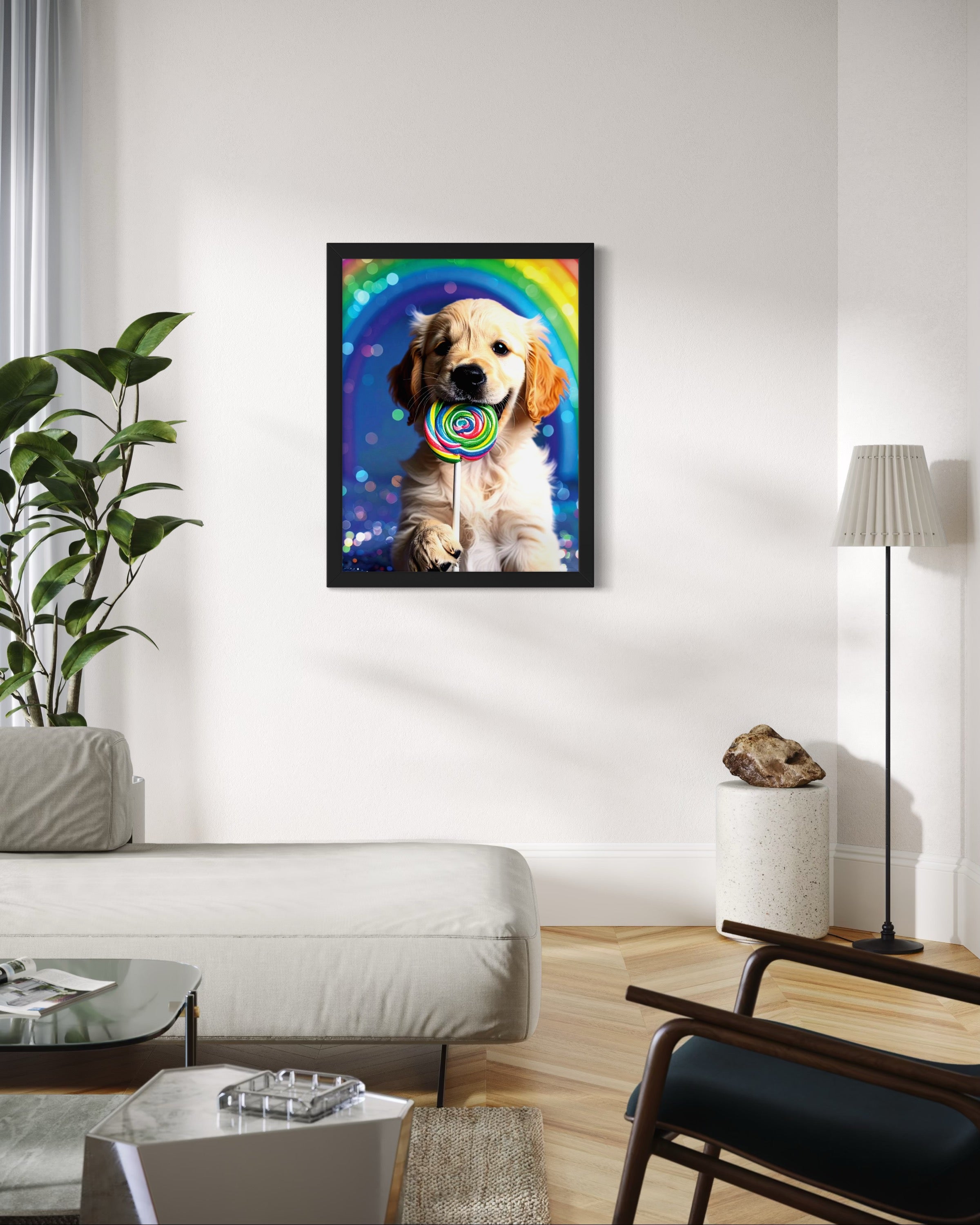 Golden Retriever Puppy with Rainbow Lollipop Museum Print