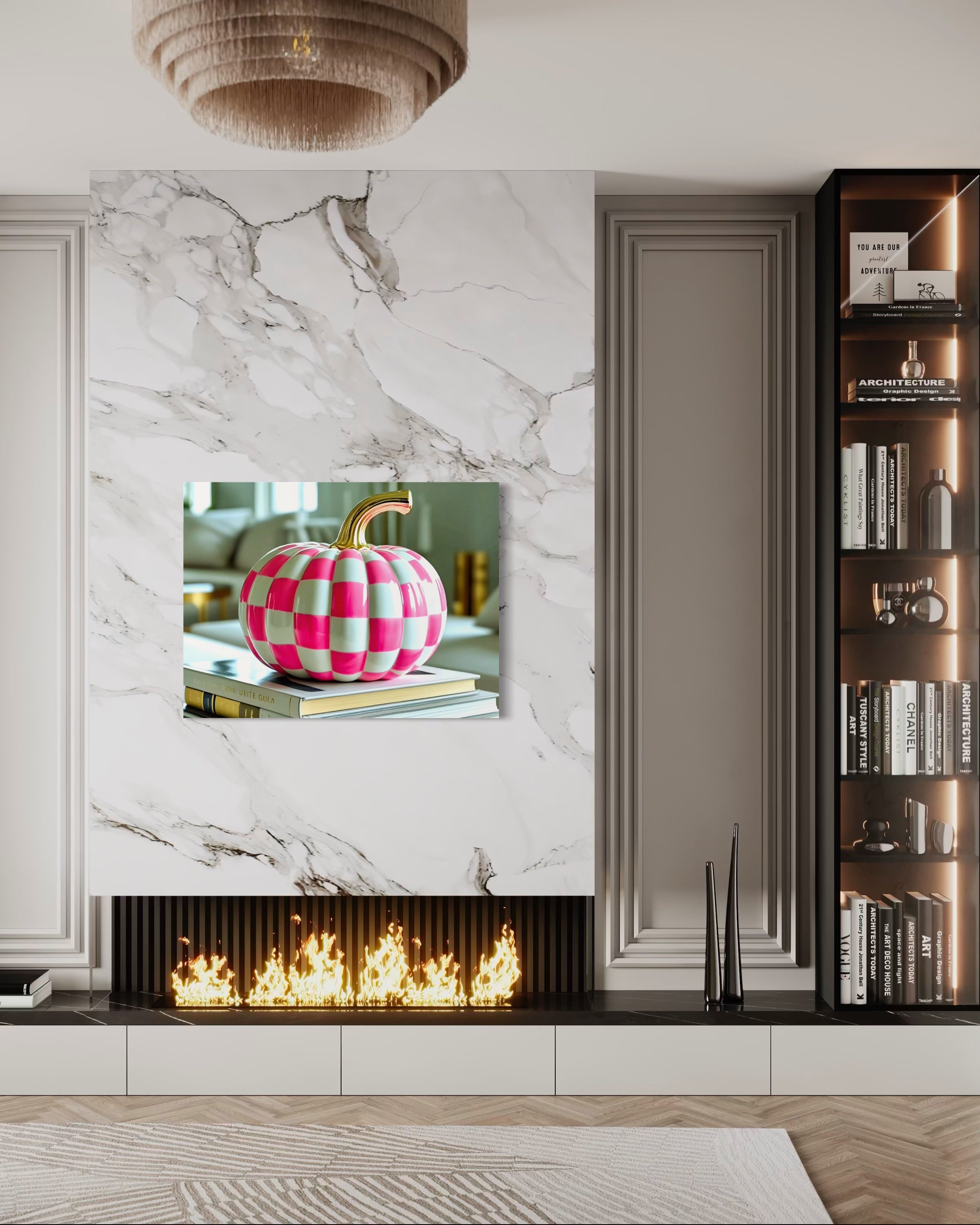 Pink and White Checkered Gold Stem Ceramic Pumpkin
