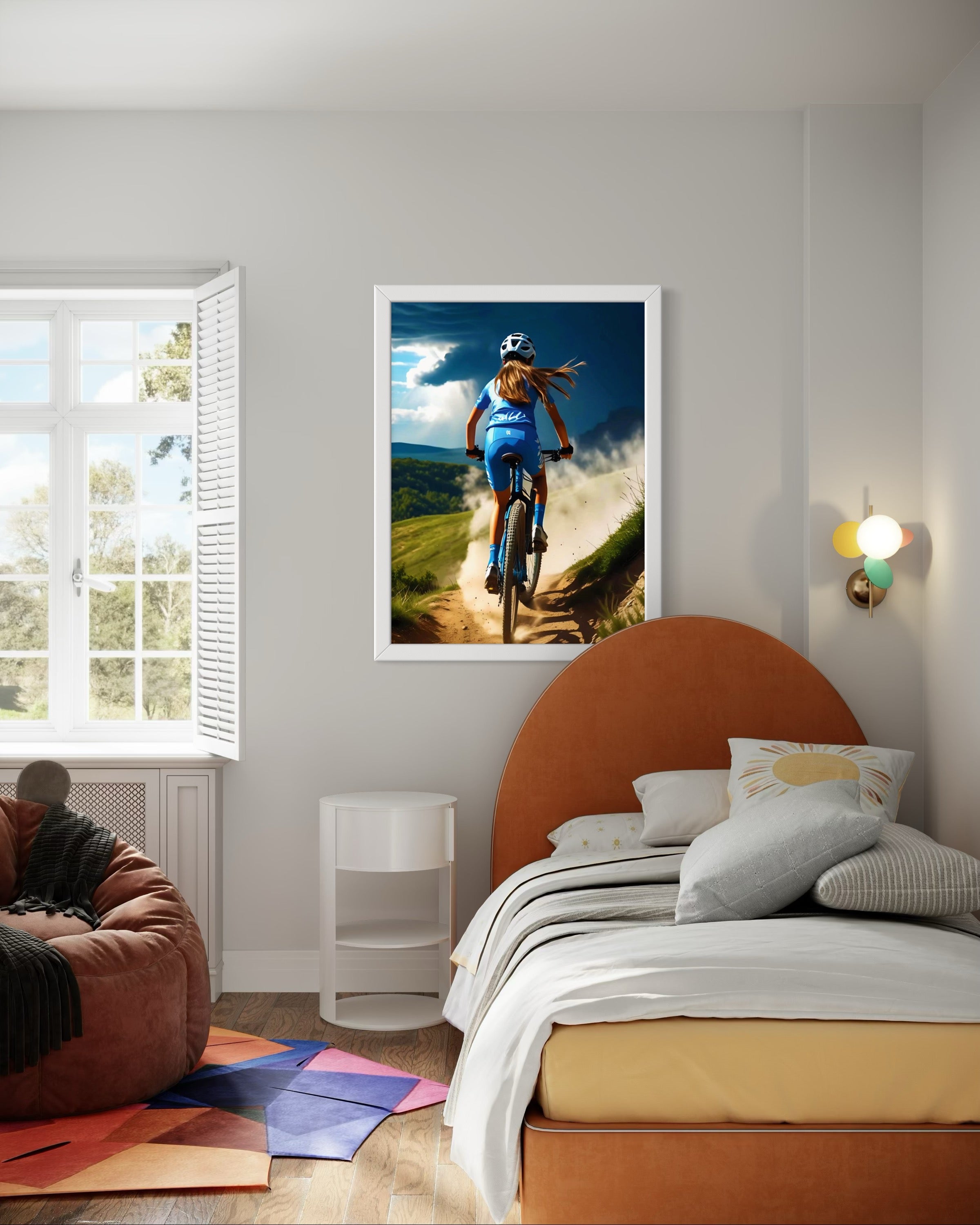 Girl Mountain Biking Blue Museum Print