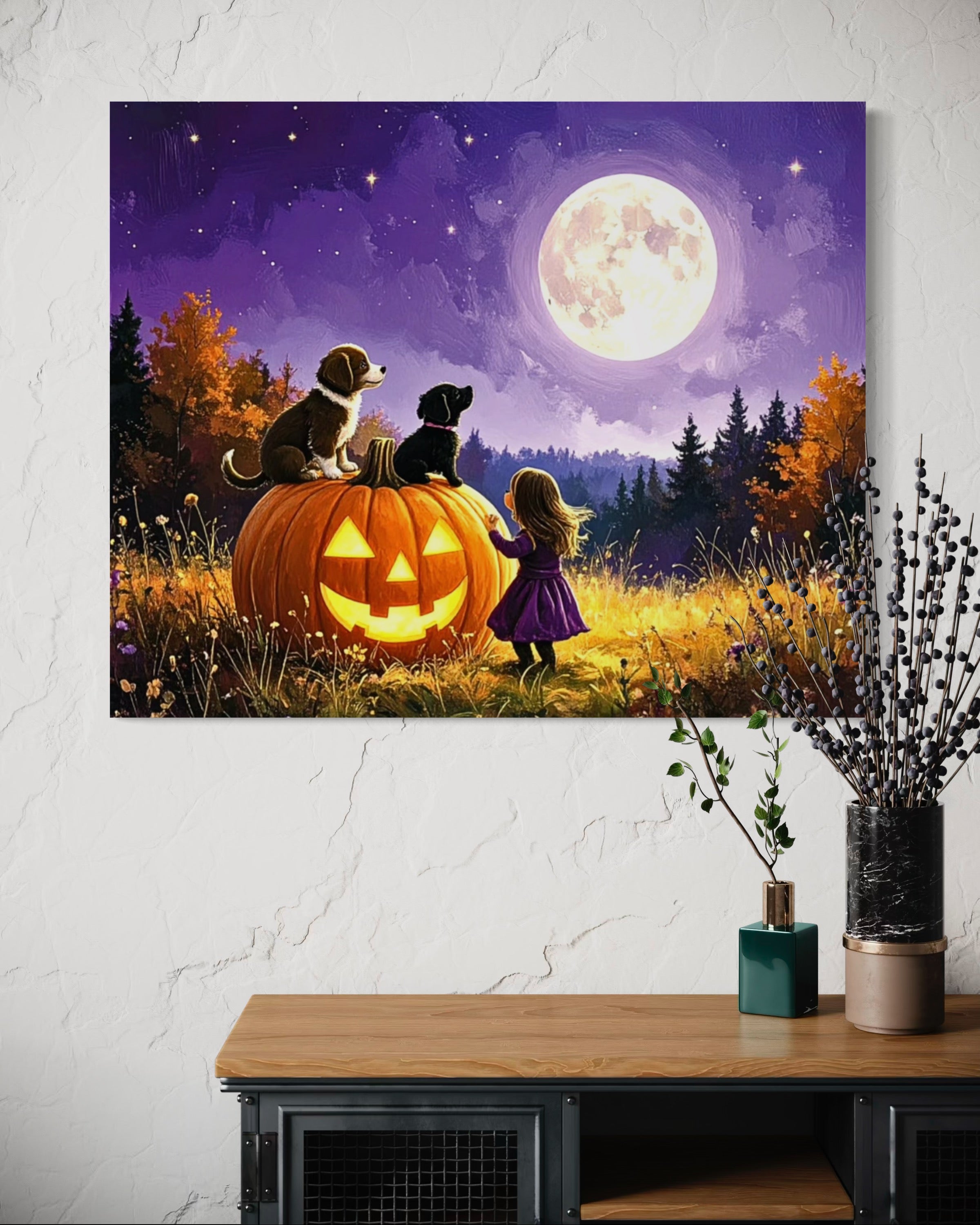 Little Girl and Puppies in the Moonlight