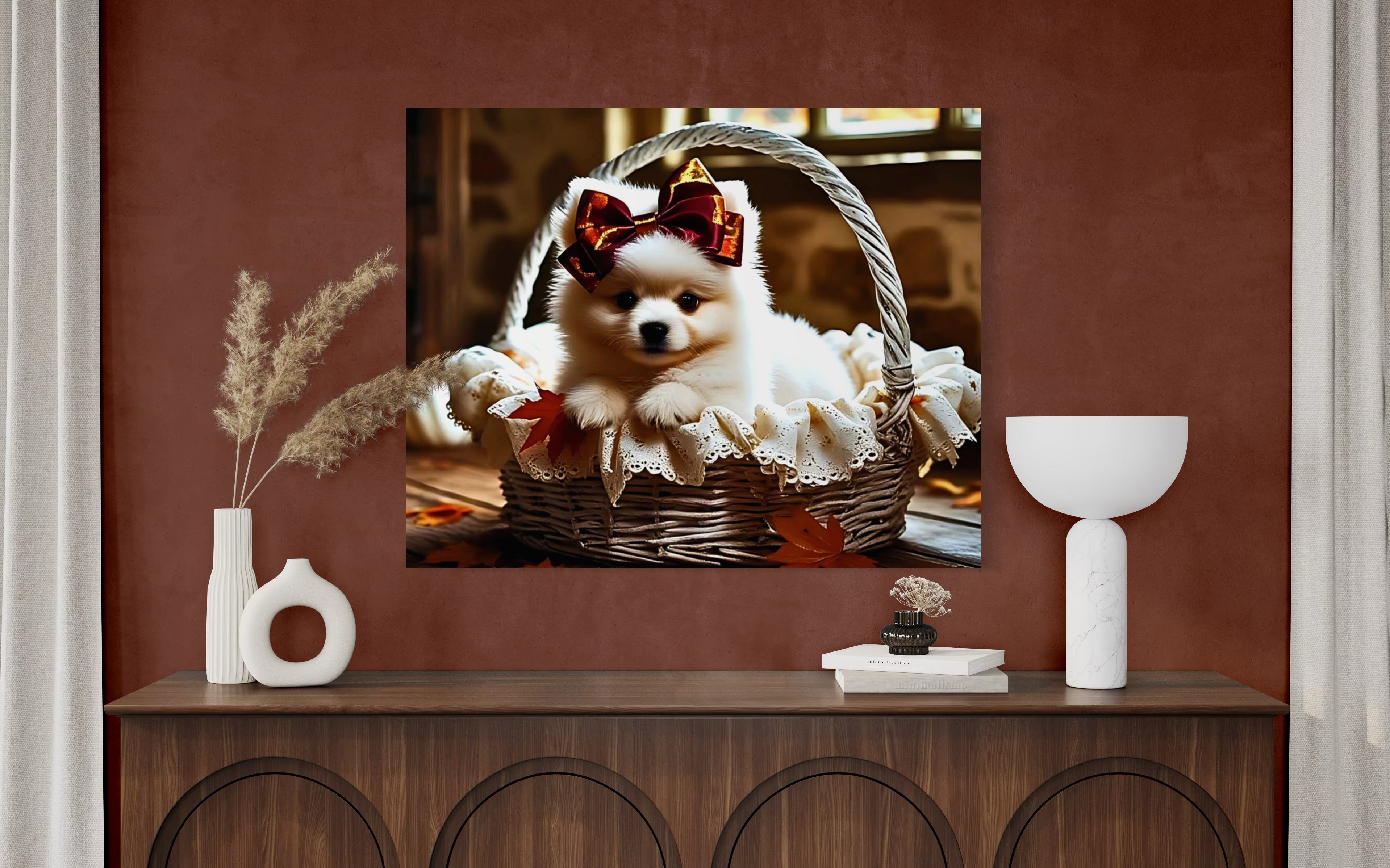Autumn Pomeranian Puppy Girl with Bow in Basket