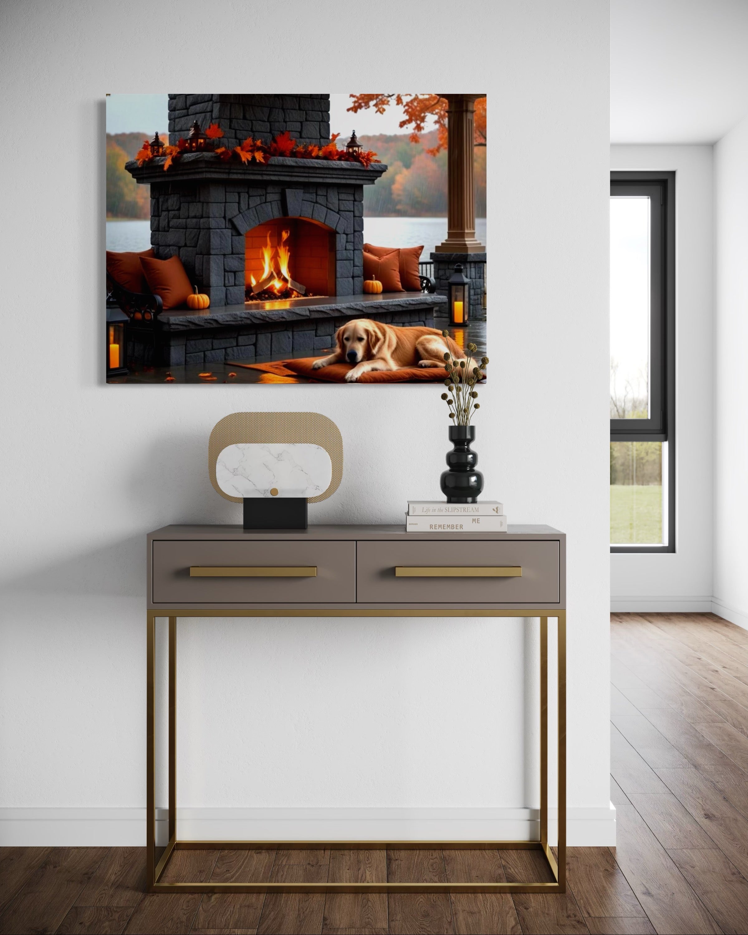 Fall fireplace on the Lake in the Rain