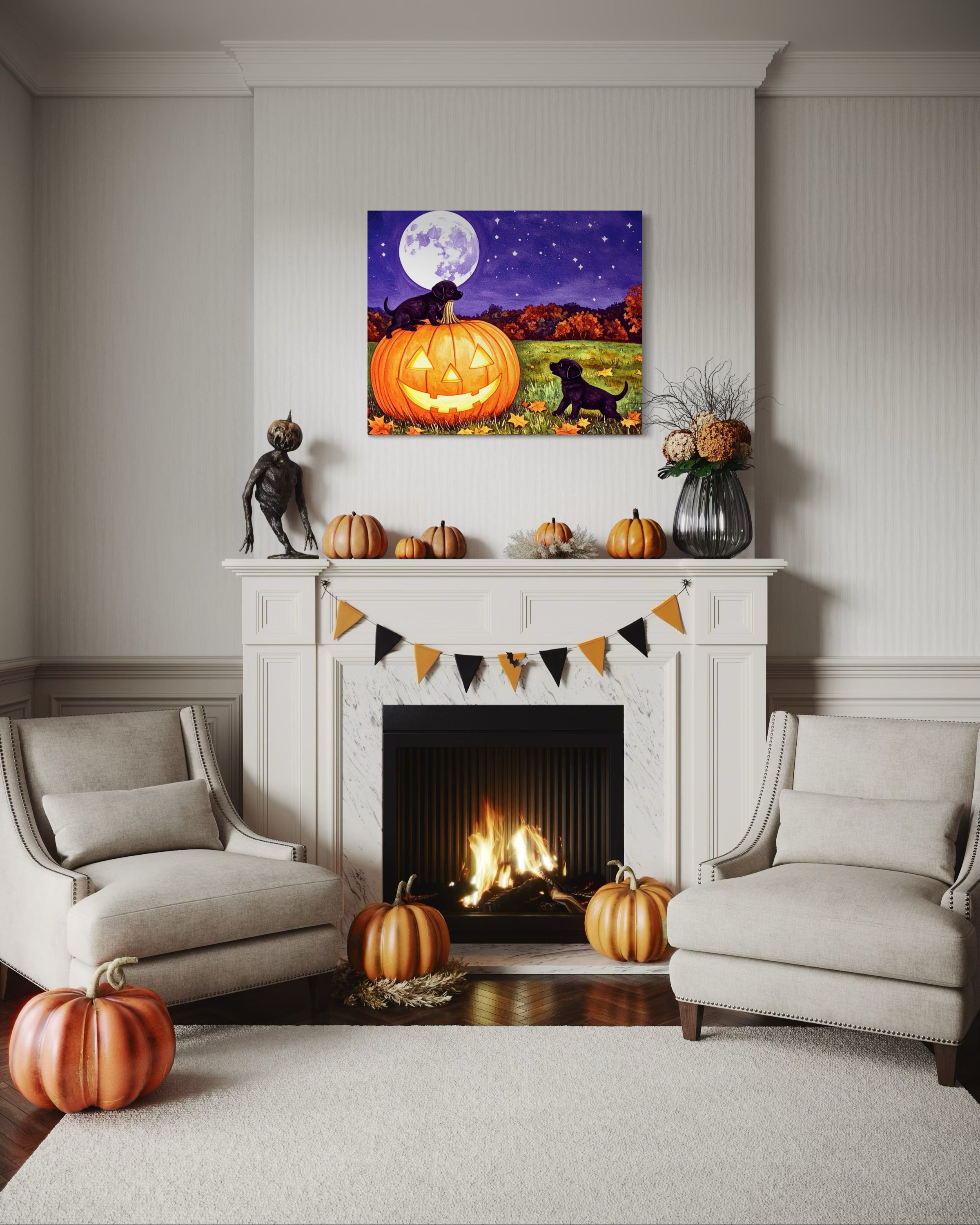 Puppies play on a Pumpkin