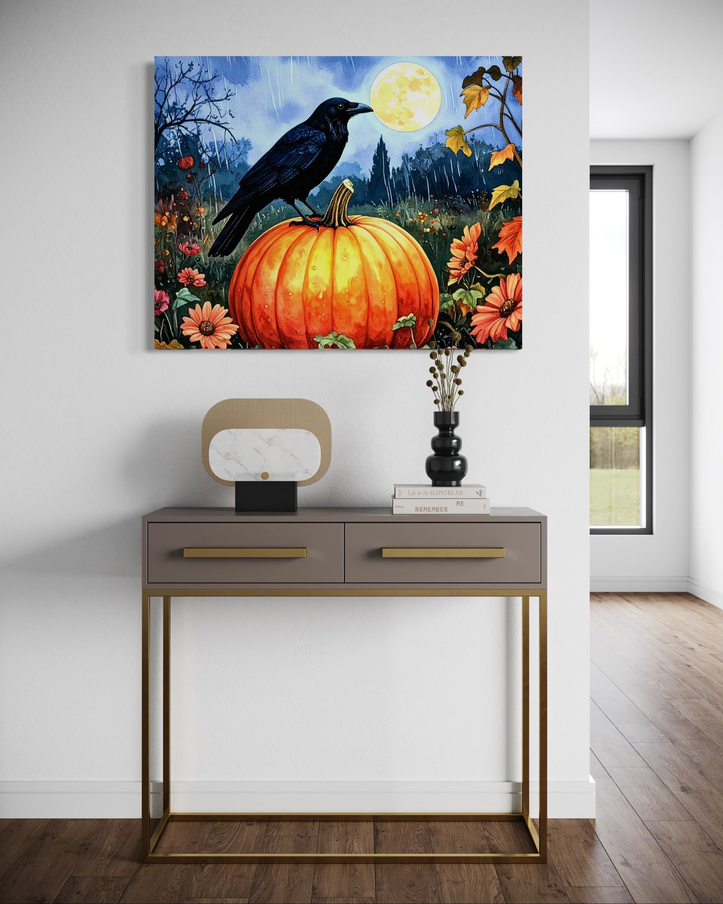 Crow on Pumpkin in Rain