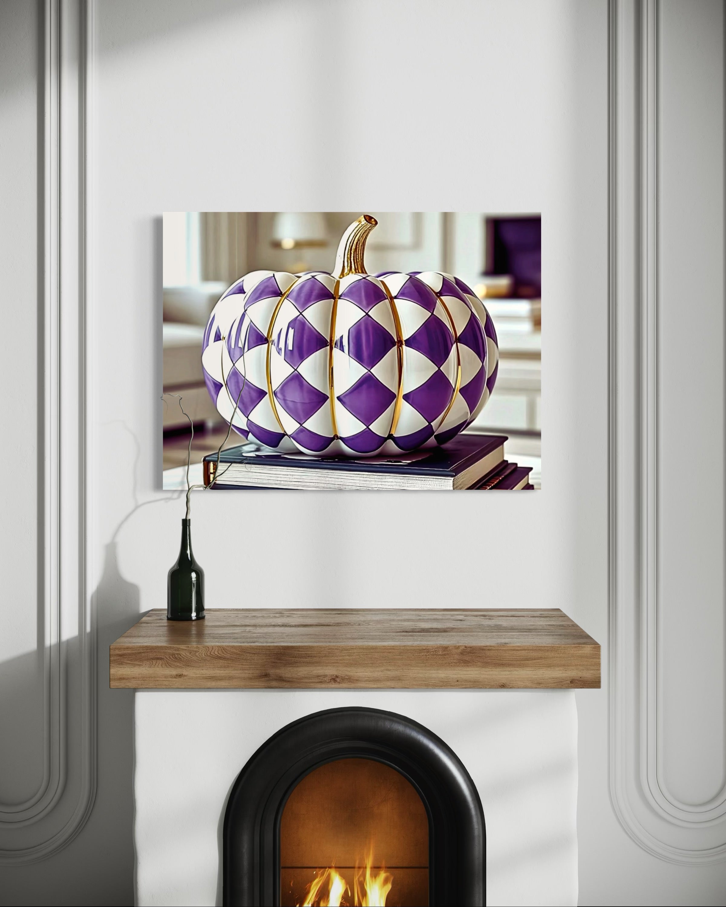 Purple and Gold Checkered Ceramic Pumpkin