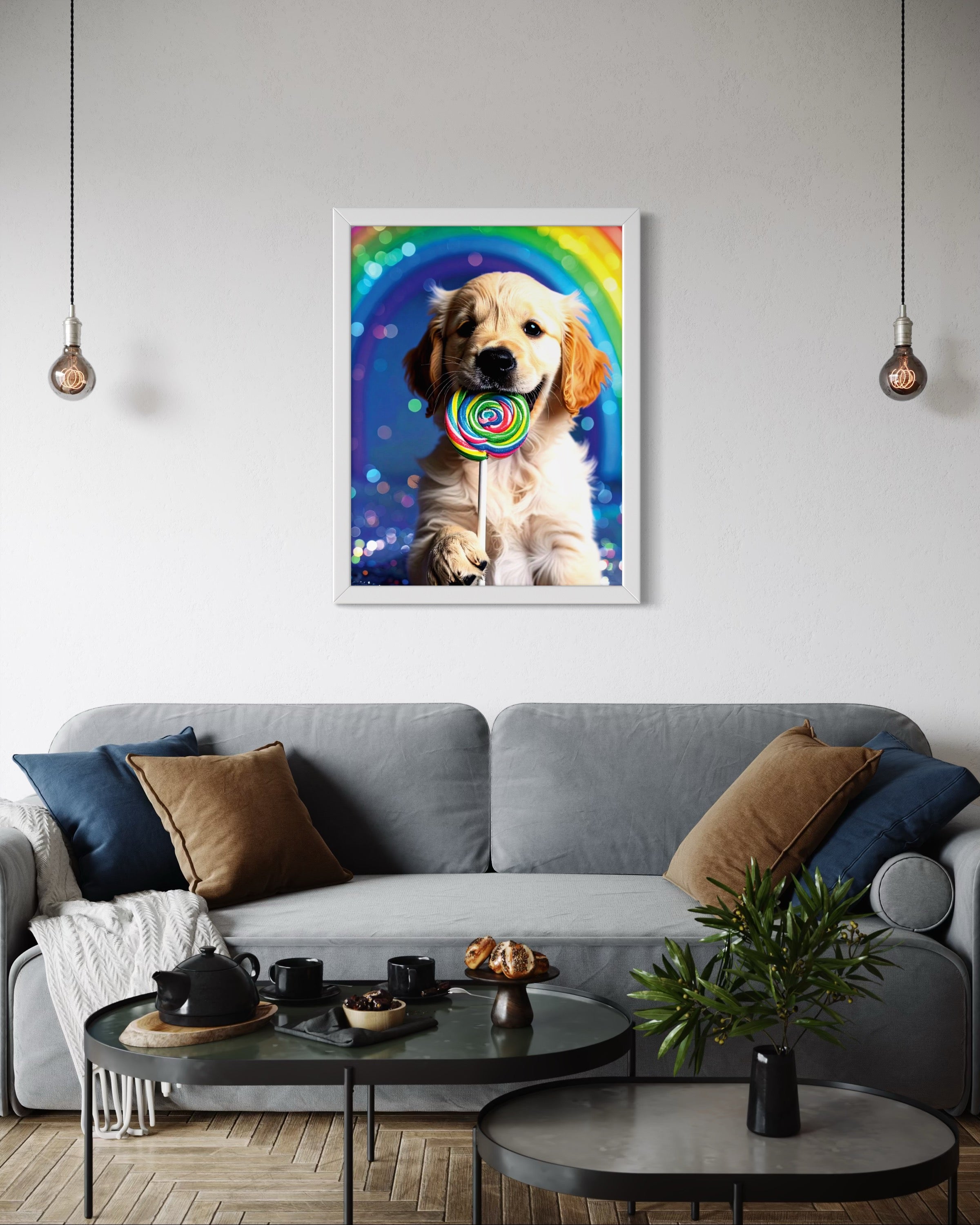 Golden Retriever Puppy with Rainbow Lollipop Museum Print