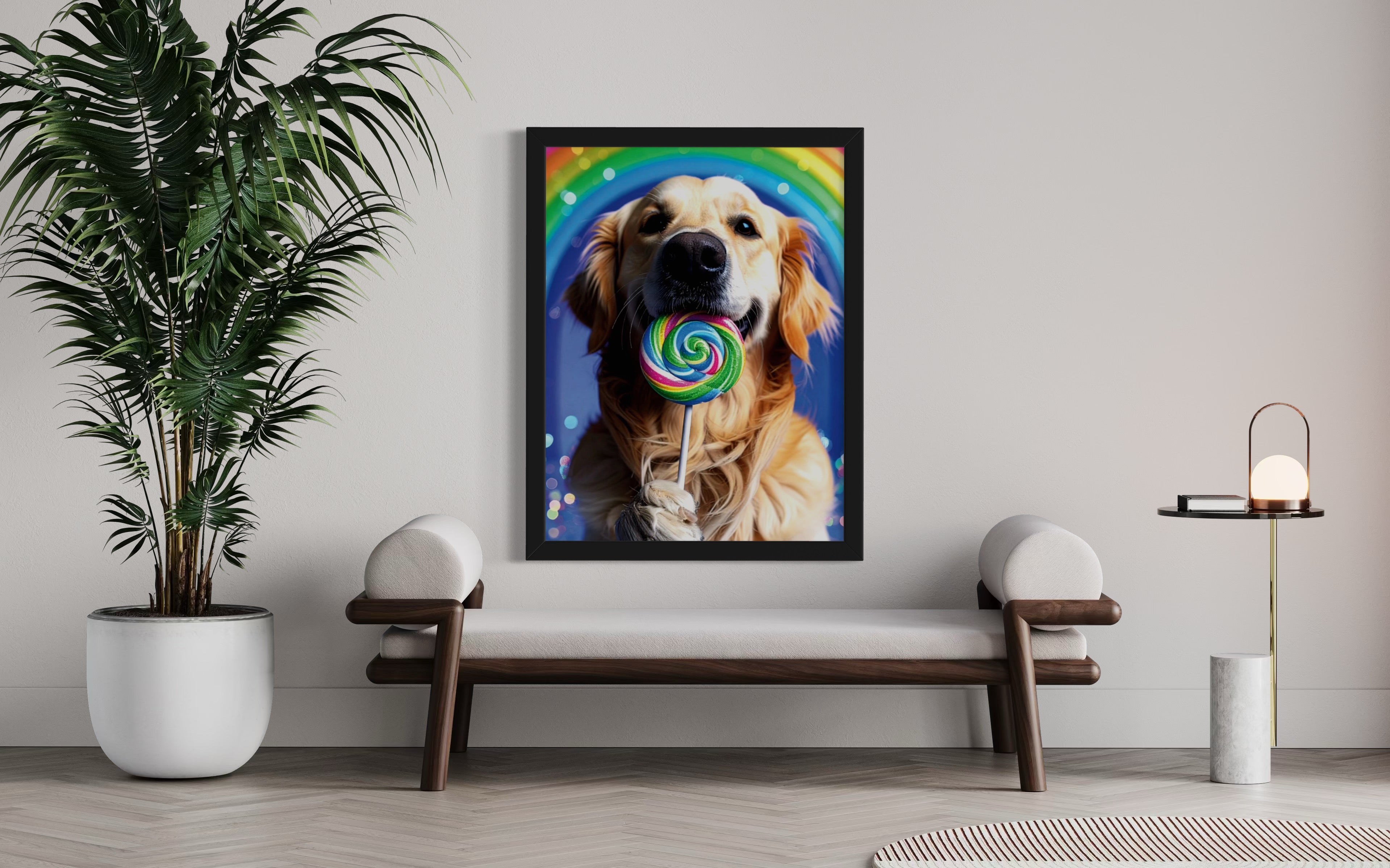 Golden Retriever with Rainbow Lollipop Museum Print