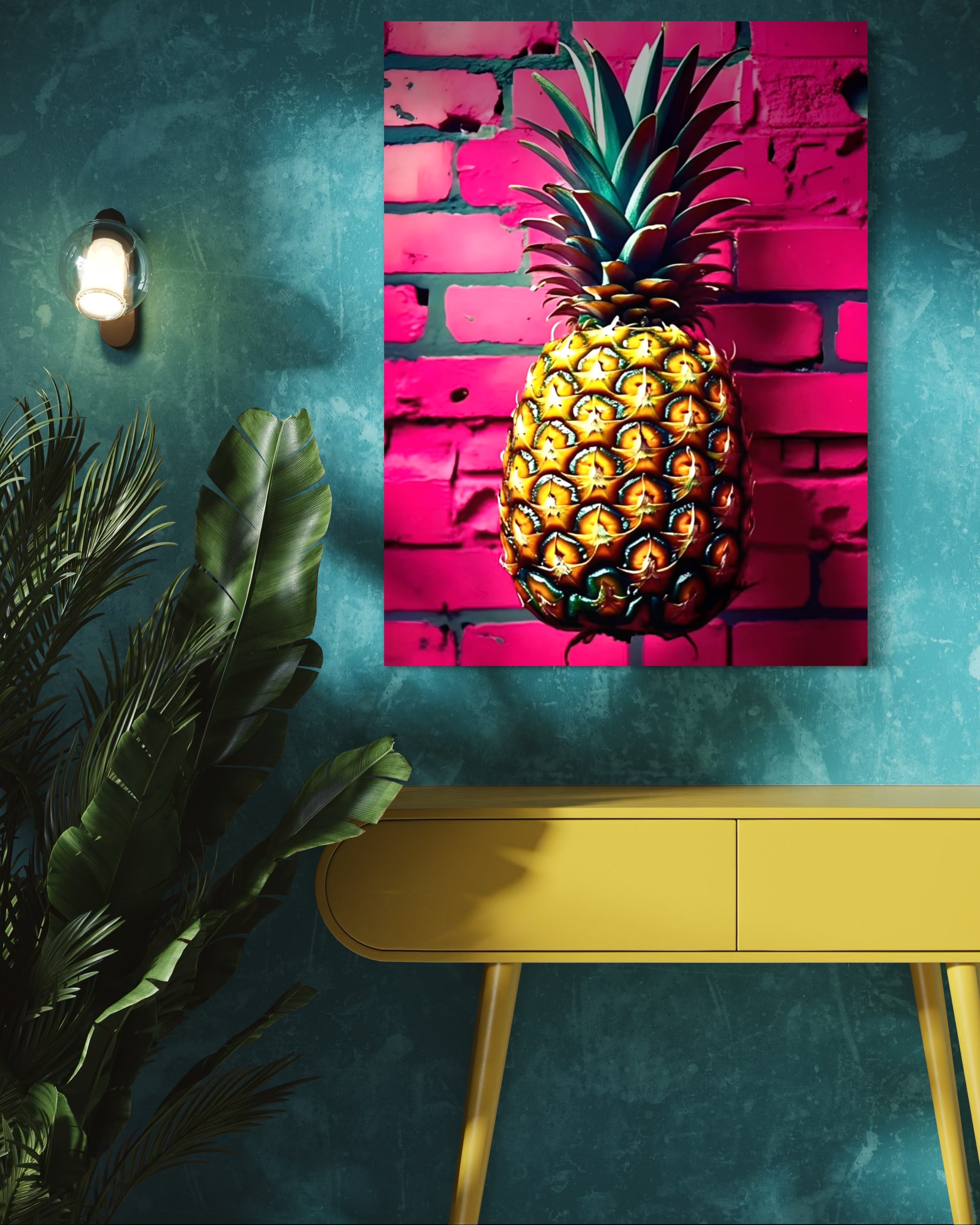 Vibrant Pineapple with Hot Pink Brick Background