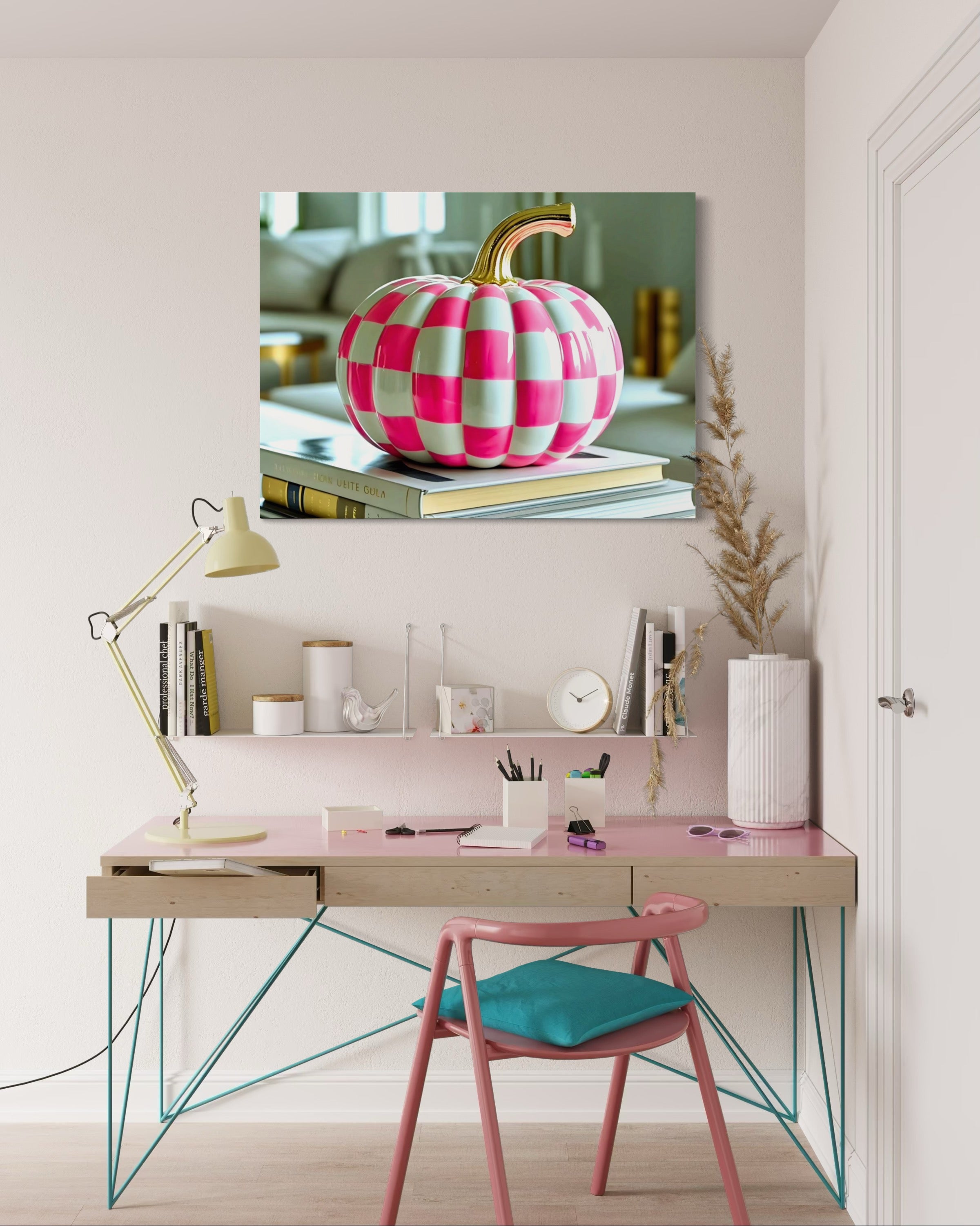 Pink and White Checkered Gold Stem Ceramic Pumpkin