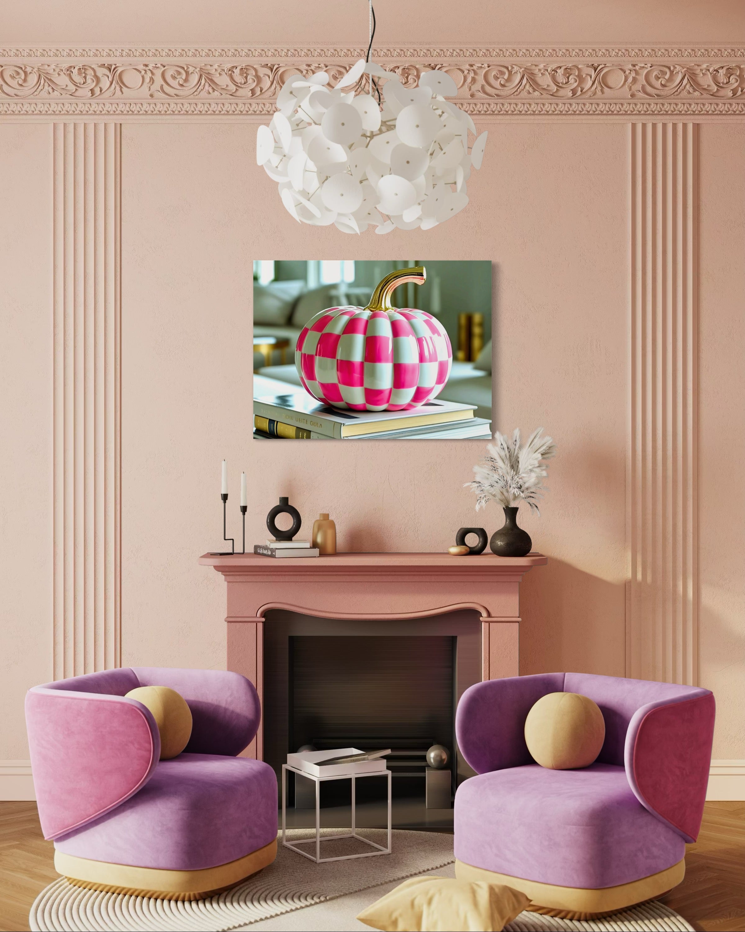 Pink and White Checkered Gold Stem Ceramic Pumpkin