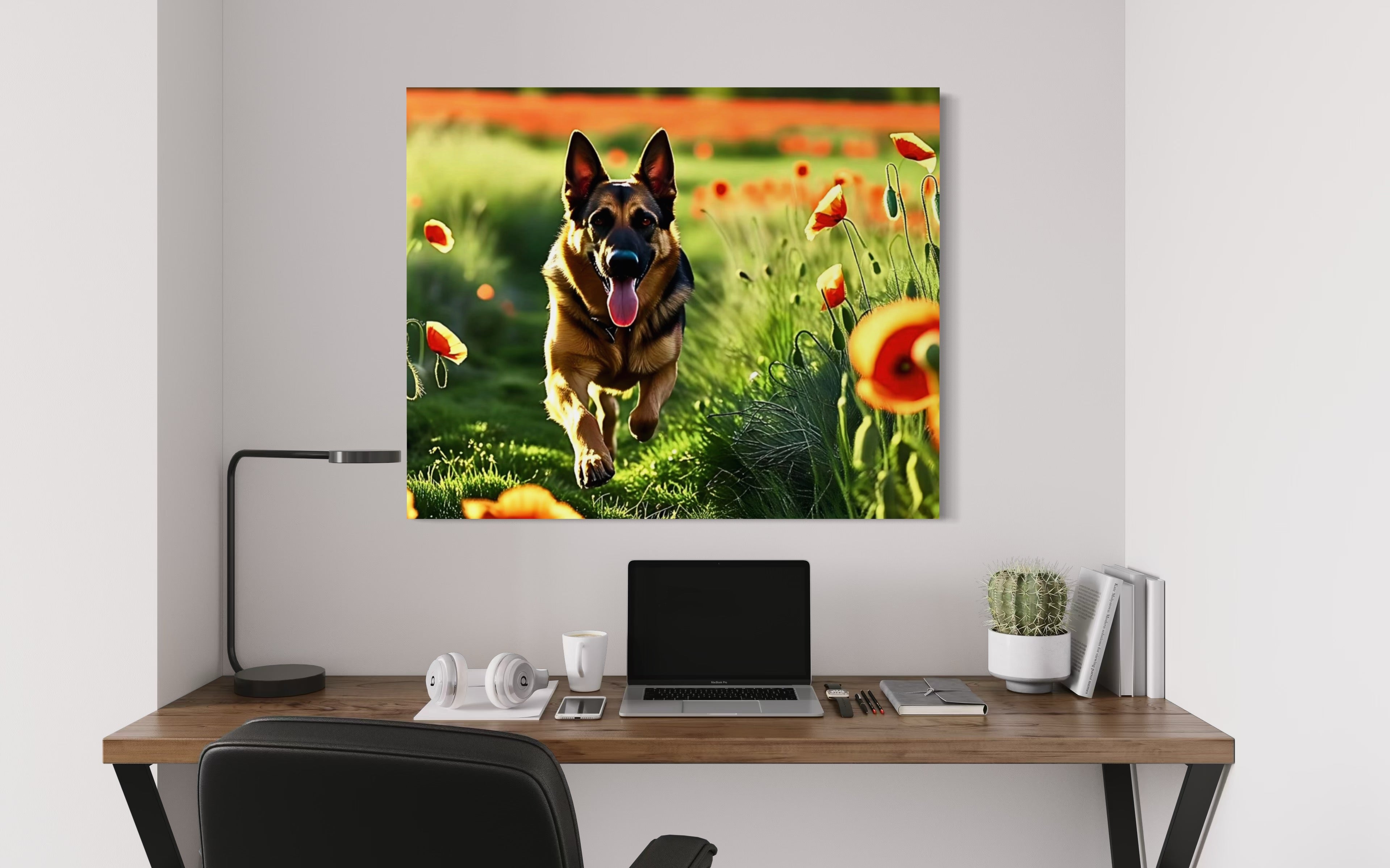 German Shephard Running in a Poppy Field