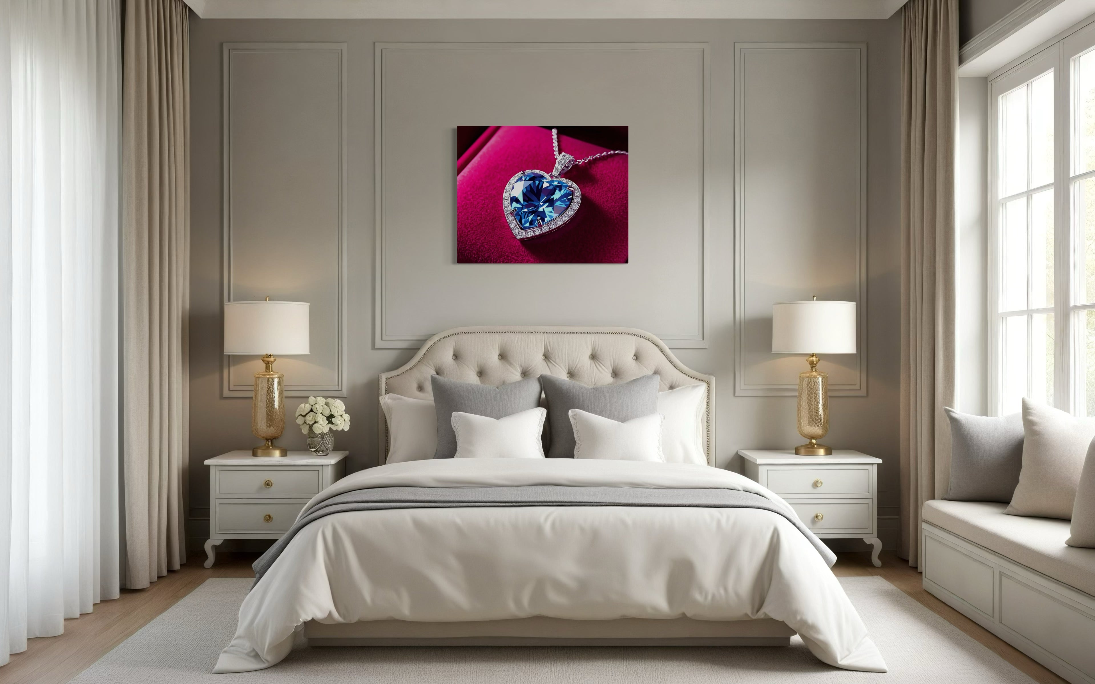Blue Diamond Heart Necklace on Pink Velvet Museum Print