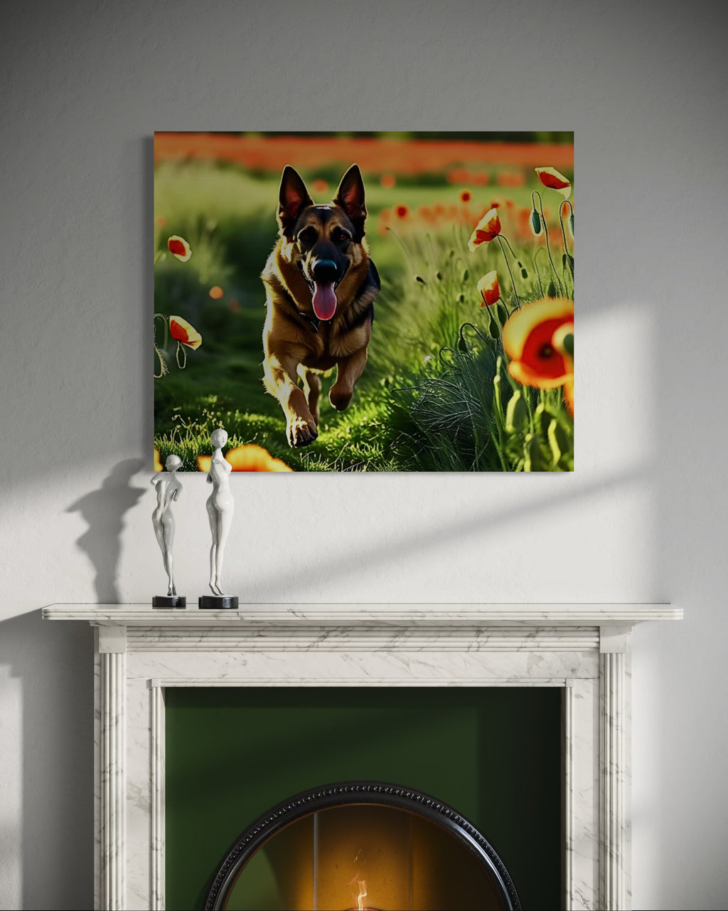 German Shephard Running in a Poppy Field