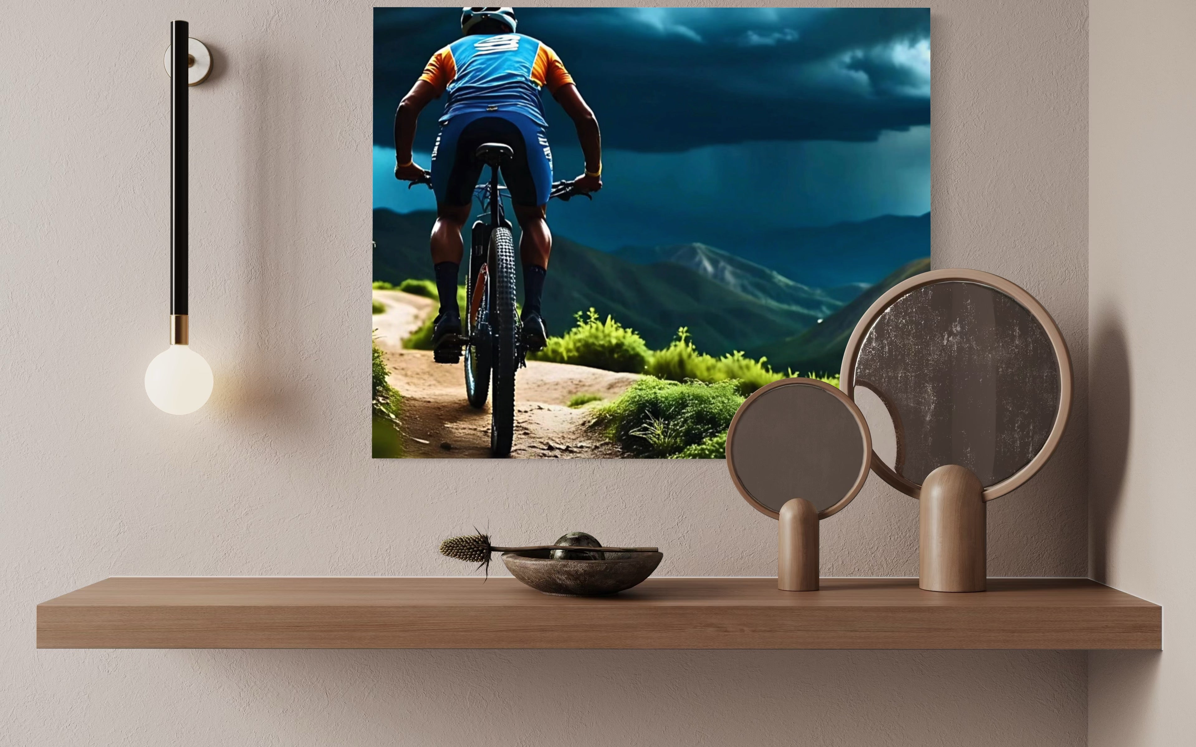Men Mountain Biking into Rain Museum Print