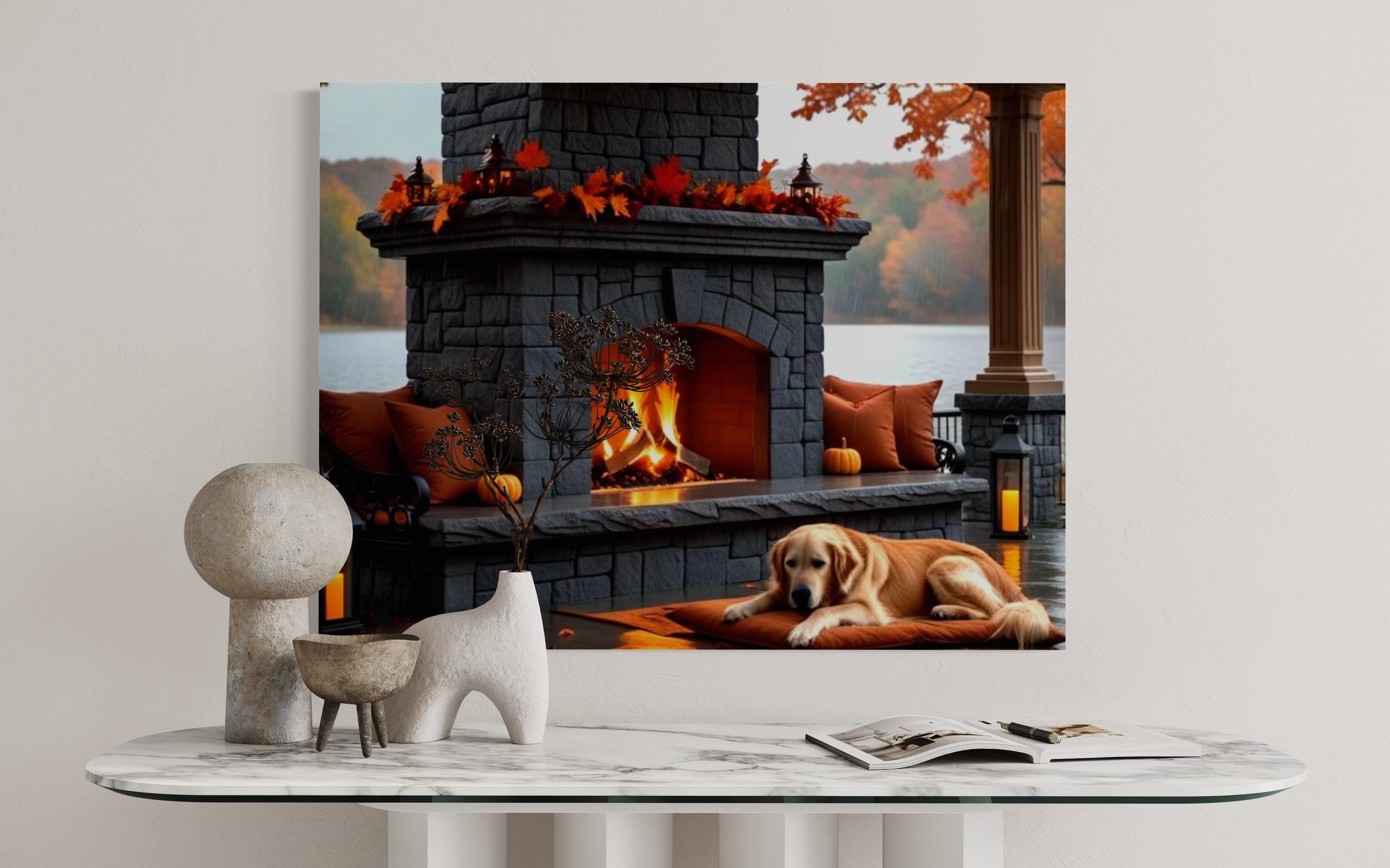 Fall fireplace on the Lake in the Rain