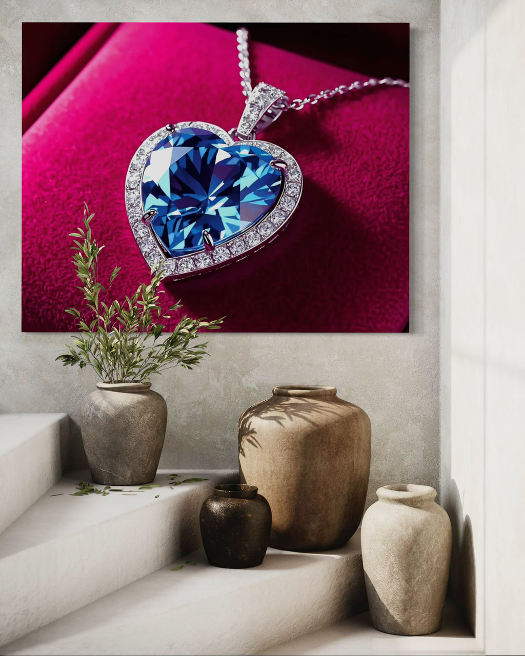 Blue Diamond Heart Necklace on Pink Velvet Museum Print