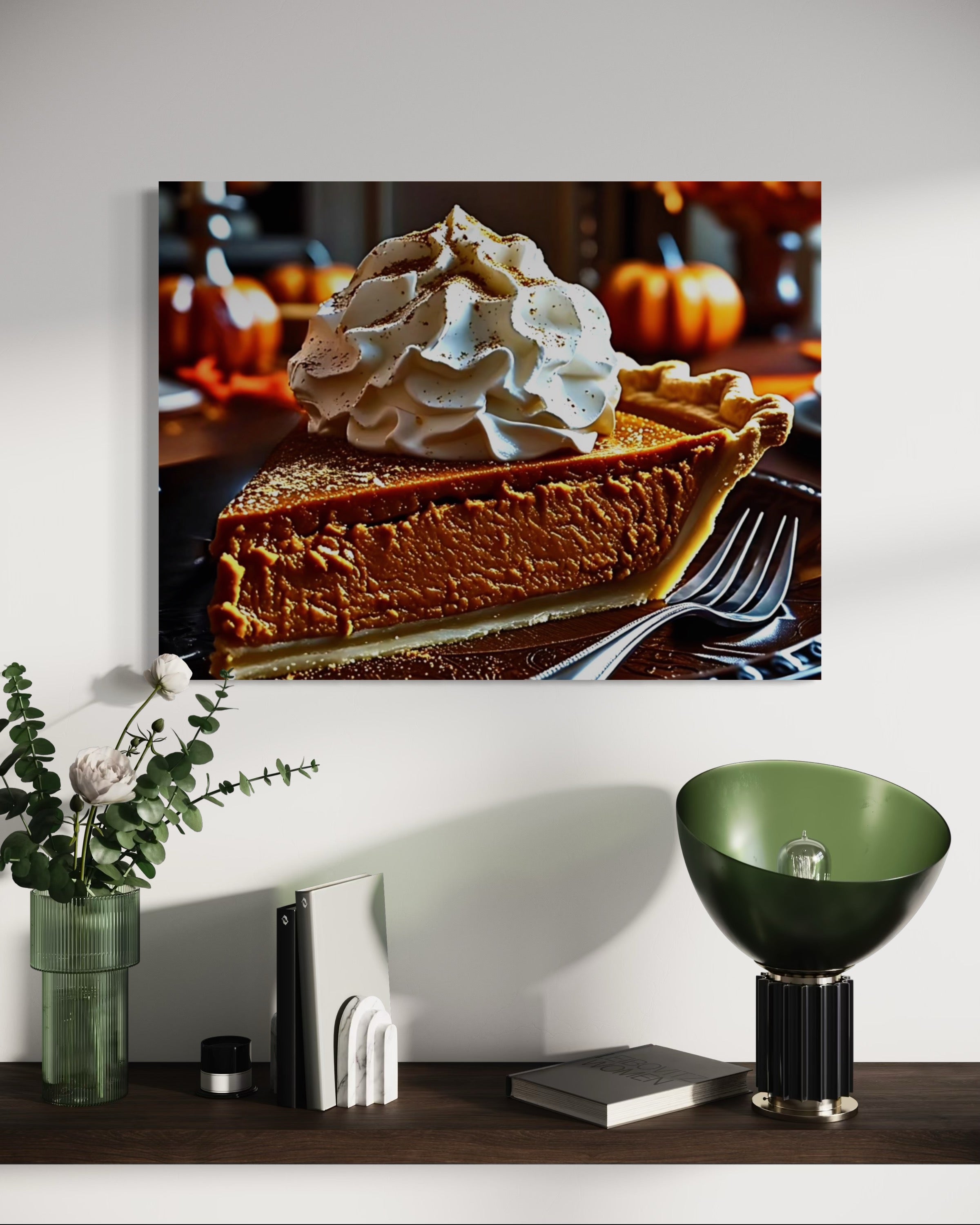 Pumpkin Pie Slice topped with Whipped Cream and Nutmeg
