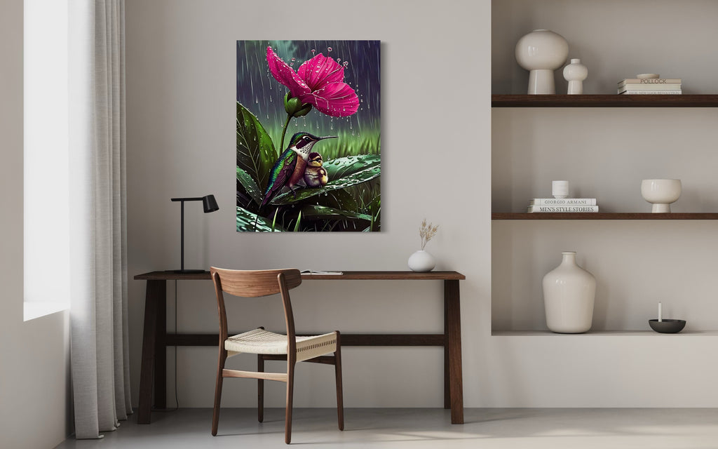 Hummingbirds in the Rain under a Flower