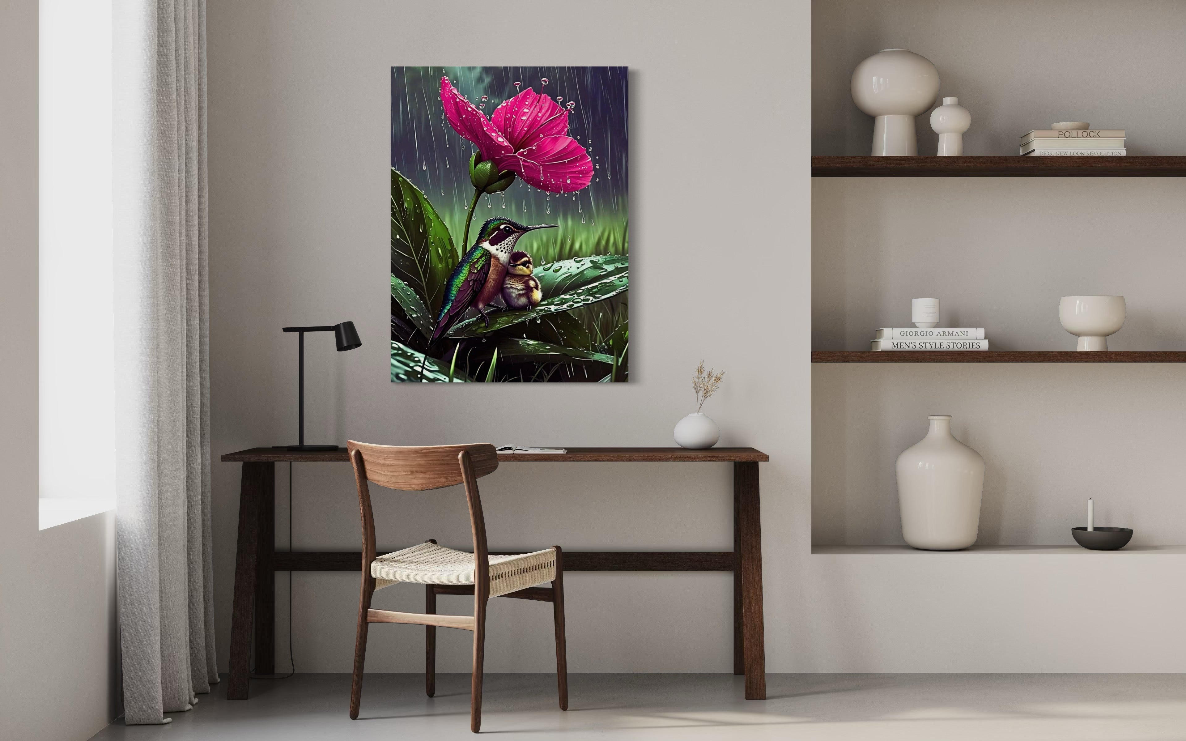Hummingbirds in the Rain under a Flower