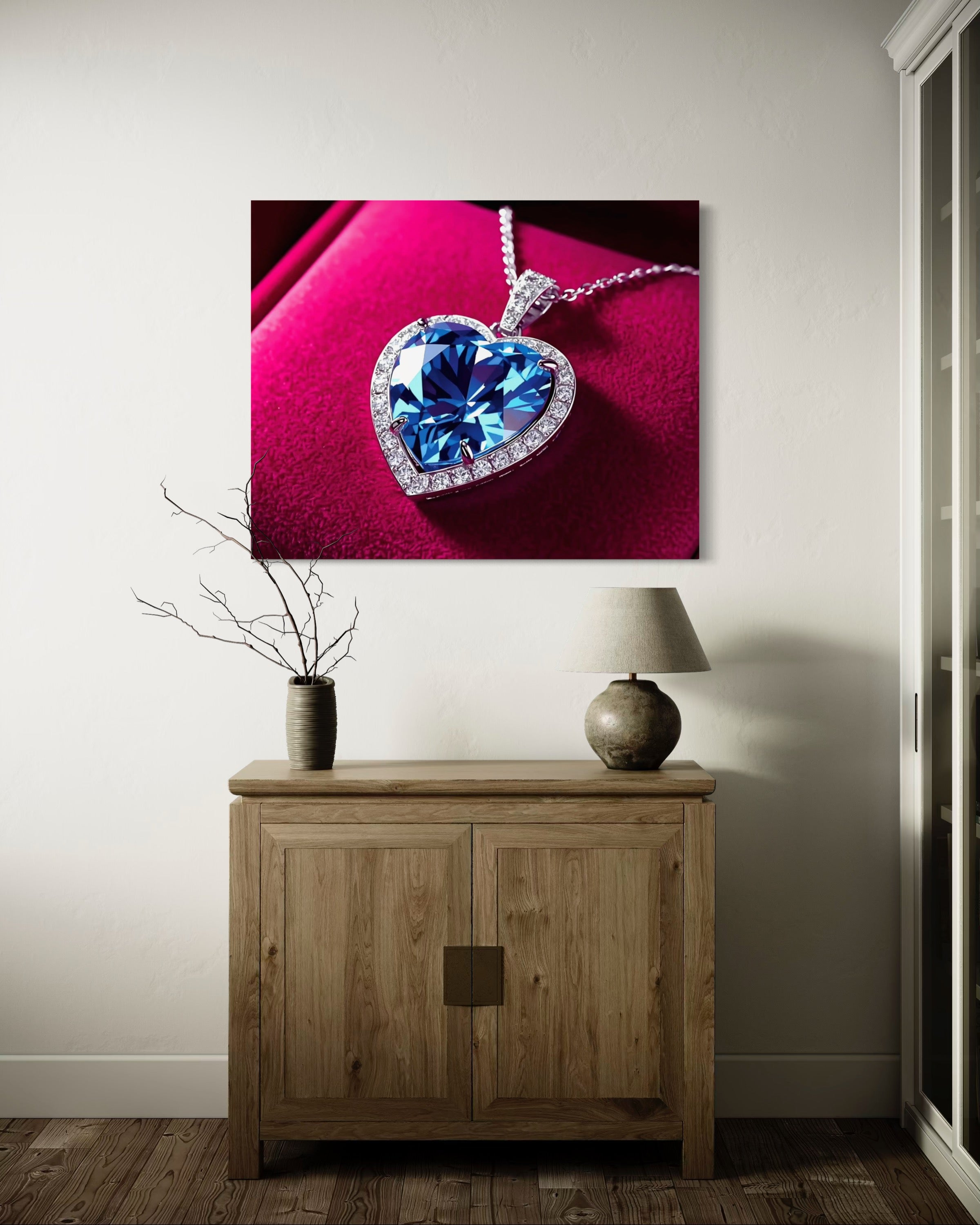 Blue Diamond Heart Necklace on Pink Velvet Museum Print