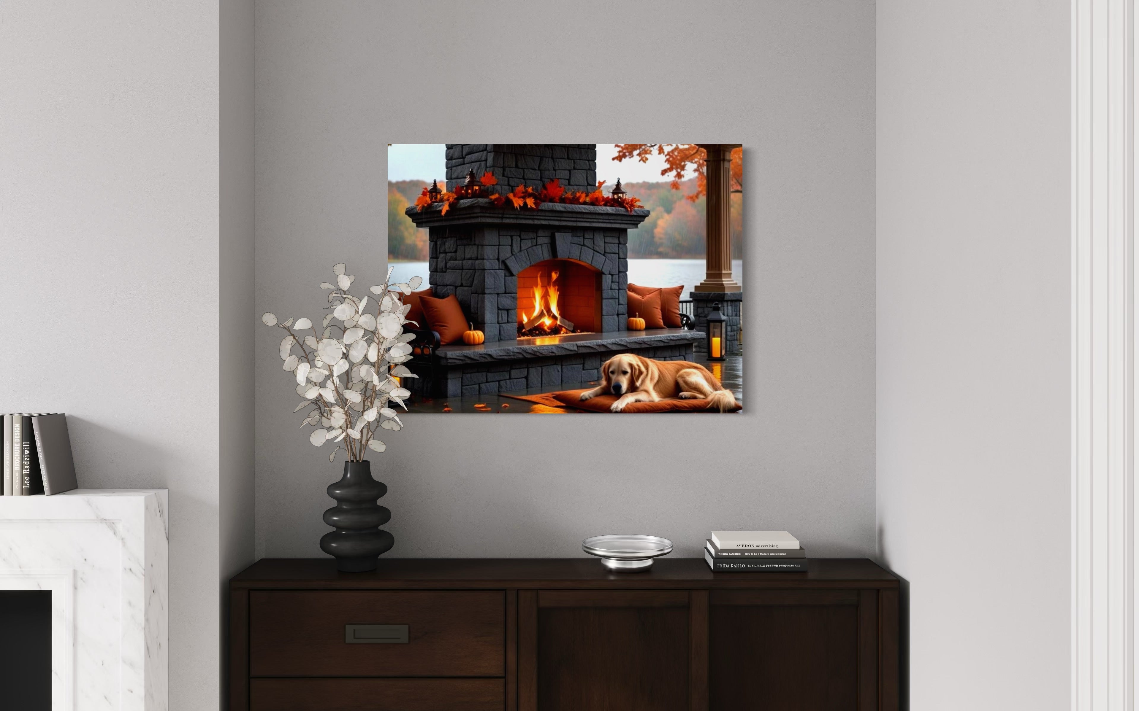Fall fireplace on the Lake in the Rain