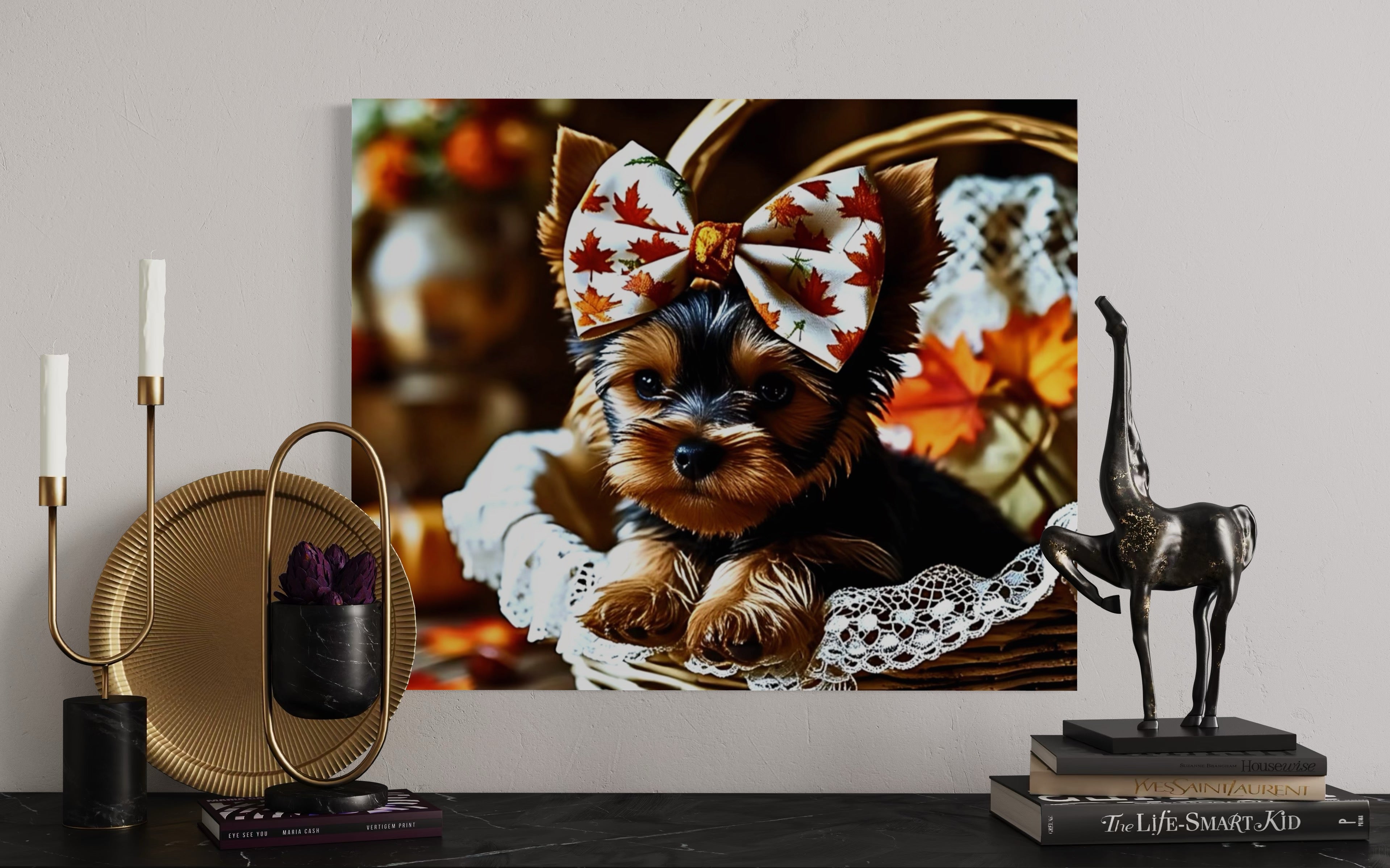 Autumn Yorkie Puppy Girl with Bow in Basket