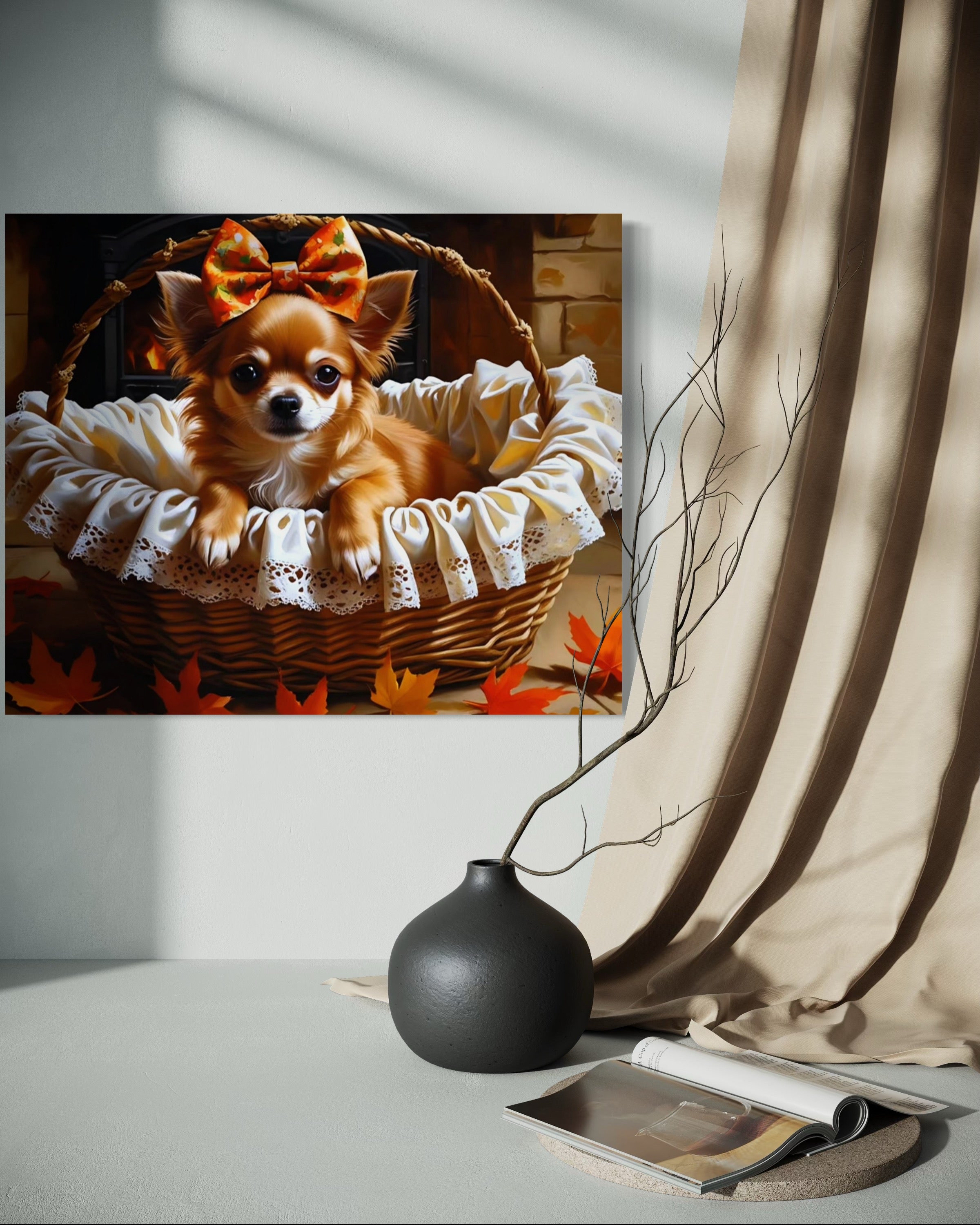 Autumn Chihuahua with Bow in Basket