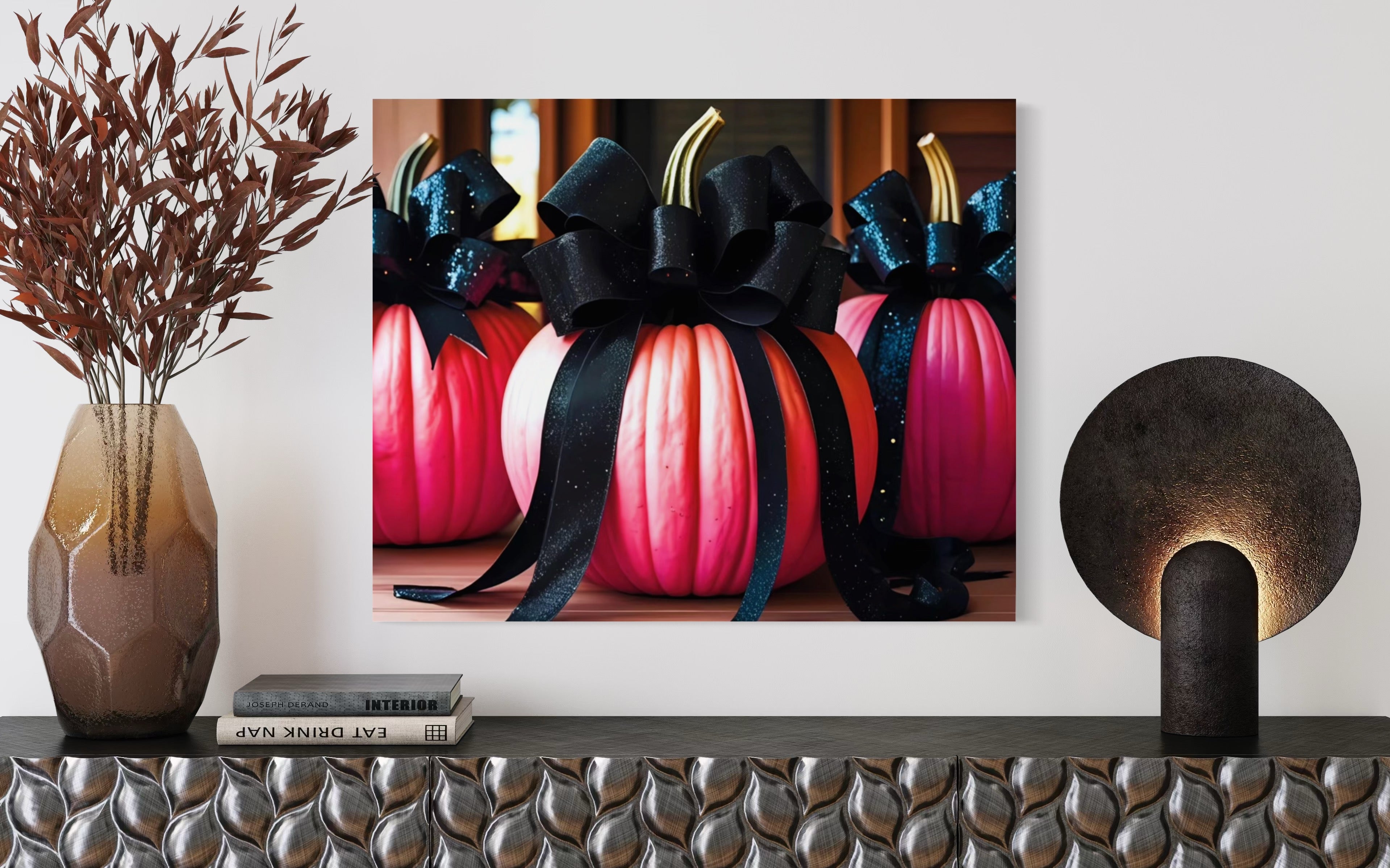 Pink Porch Pumpkins with Black Glittering and Velvet Bows