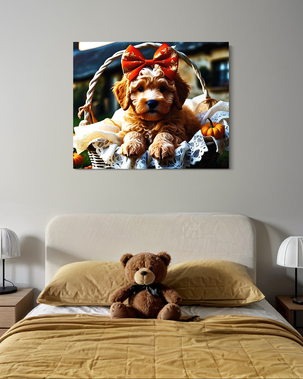 Autumn Goldendoodle Puppy with Bow in Basket