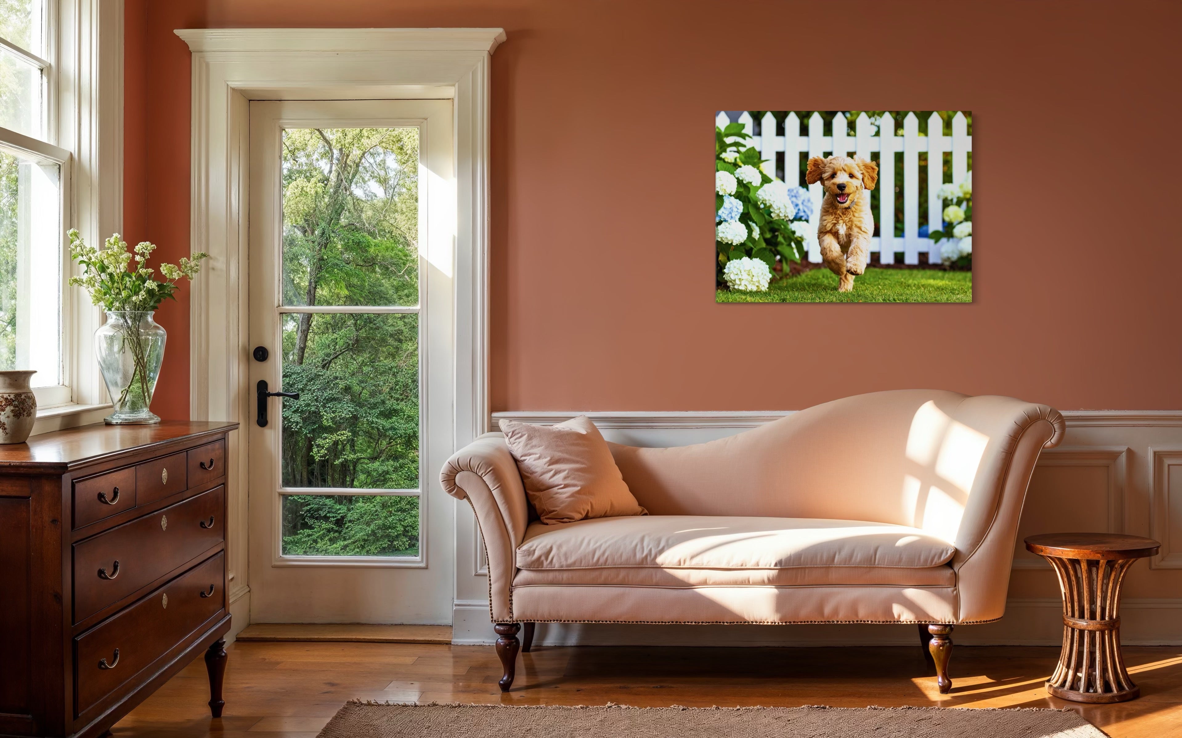 Goldendoodle Puppy Hydrangea Garden Museum Print