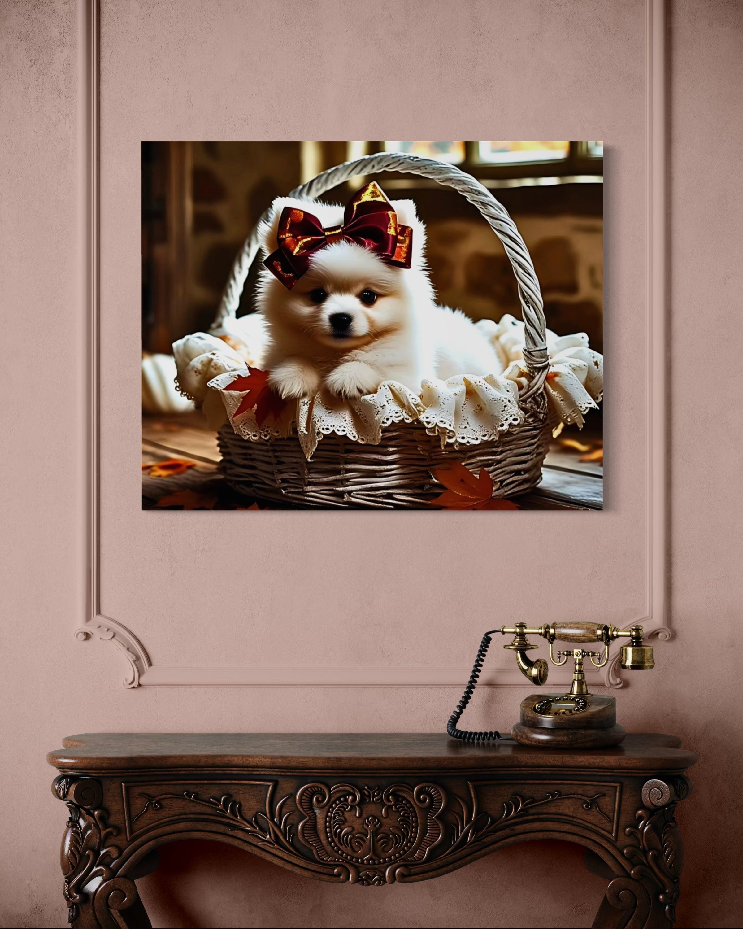 Autumn Pomeranian Puppy Girl with Bow in Basket