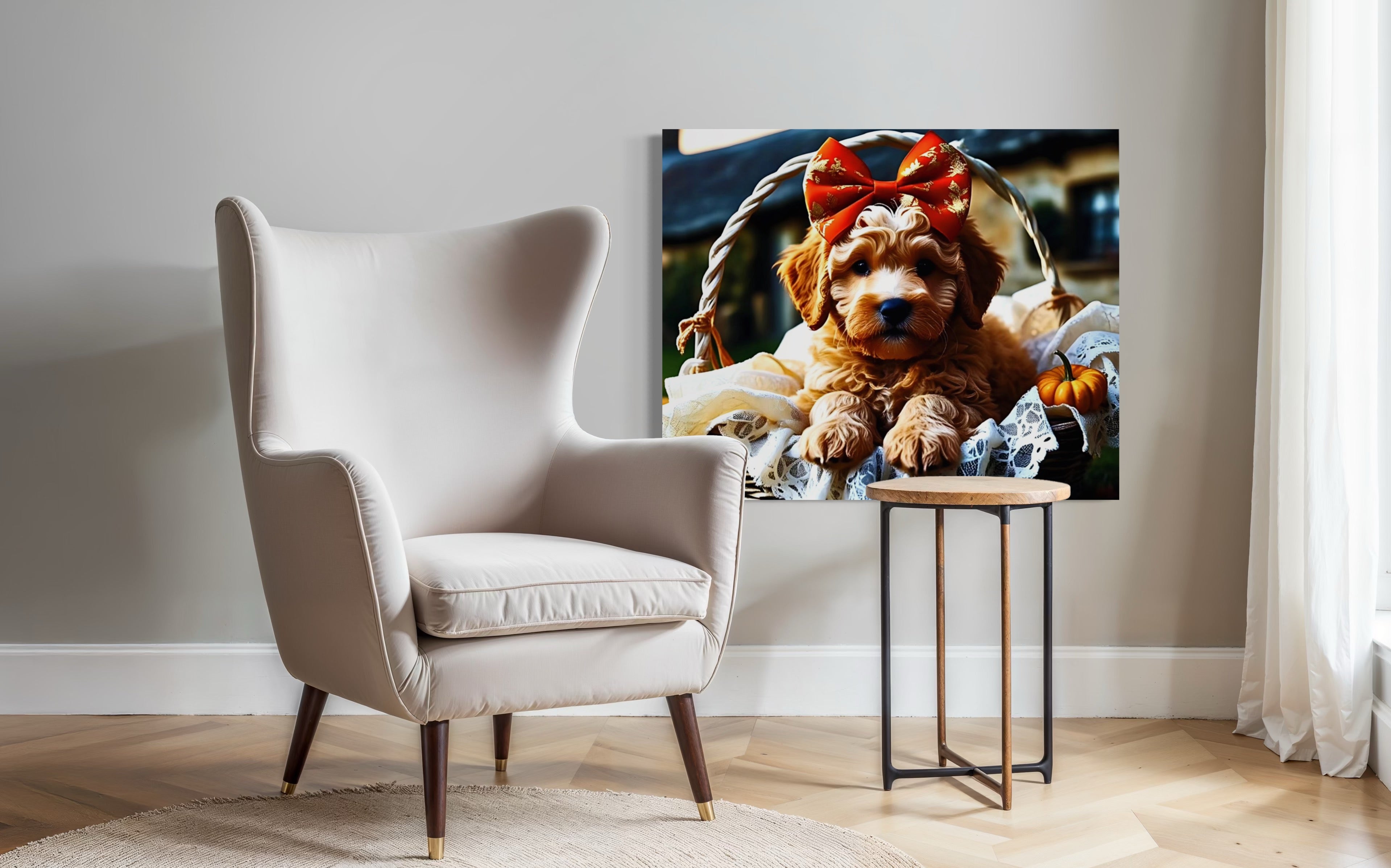Autumn Goldendoodle Puppy with Bow in Basket