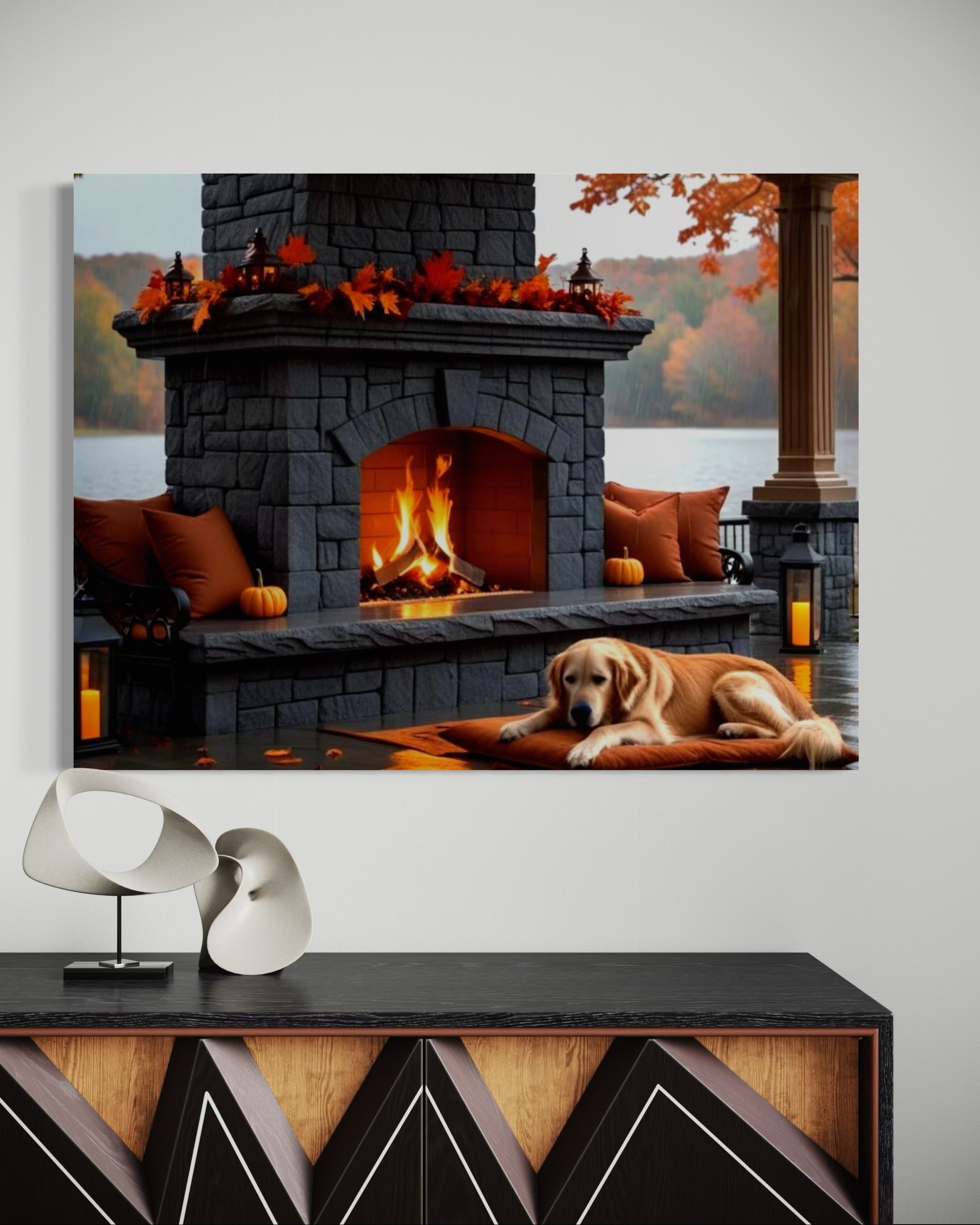 Fall fireplace on the Lake in the Rain