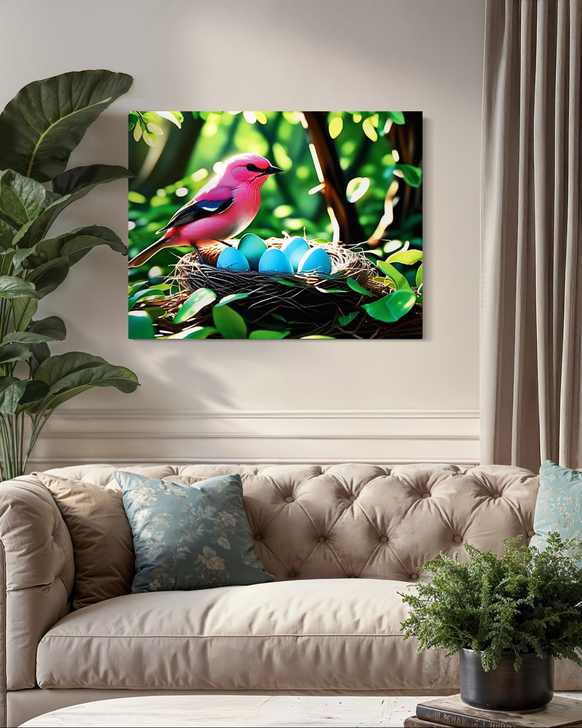 Bubblegum Bird with Blue Egg Nest Museum Print