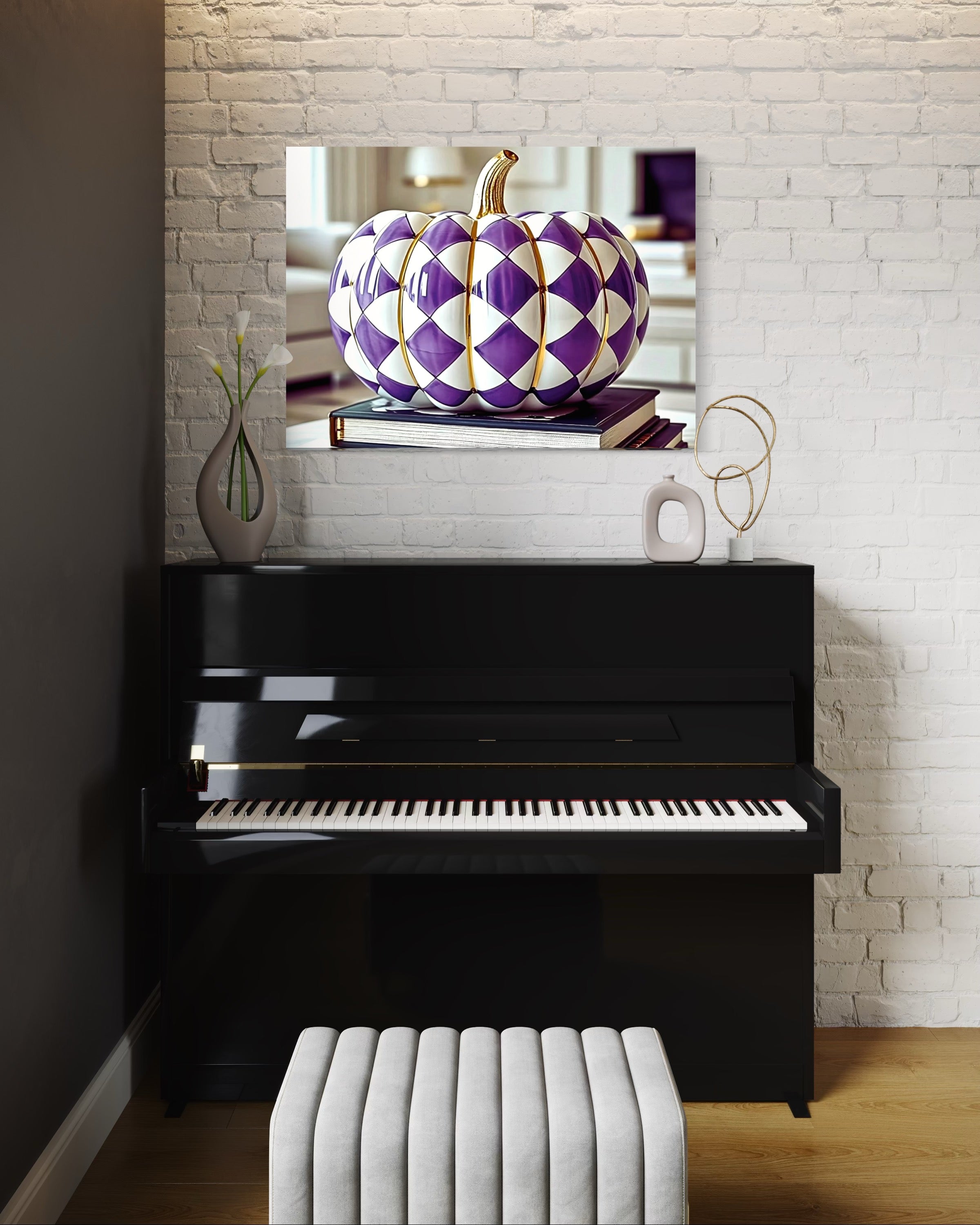 Purple and Gold Checkered Ceramic Pumpkin
