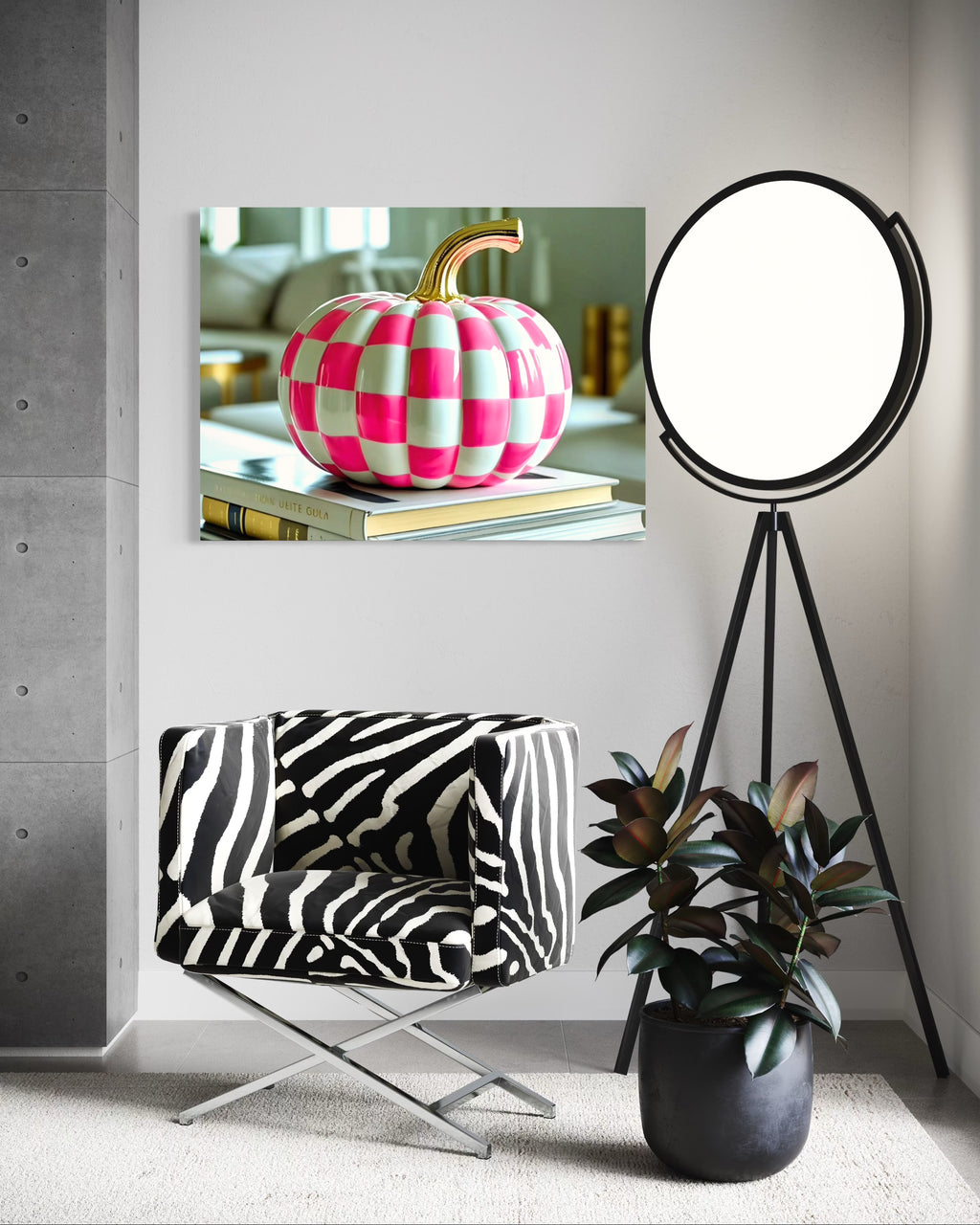 Pink and White Checkered Gold Stem Ceramic Pumpkin