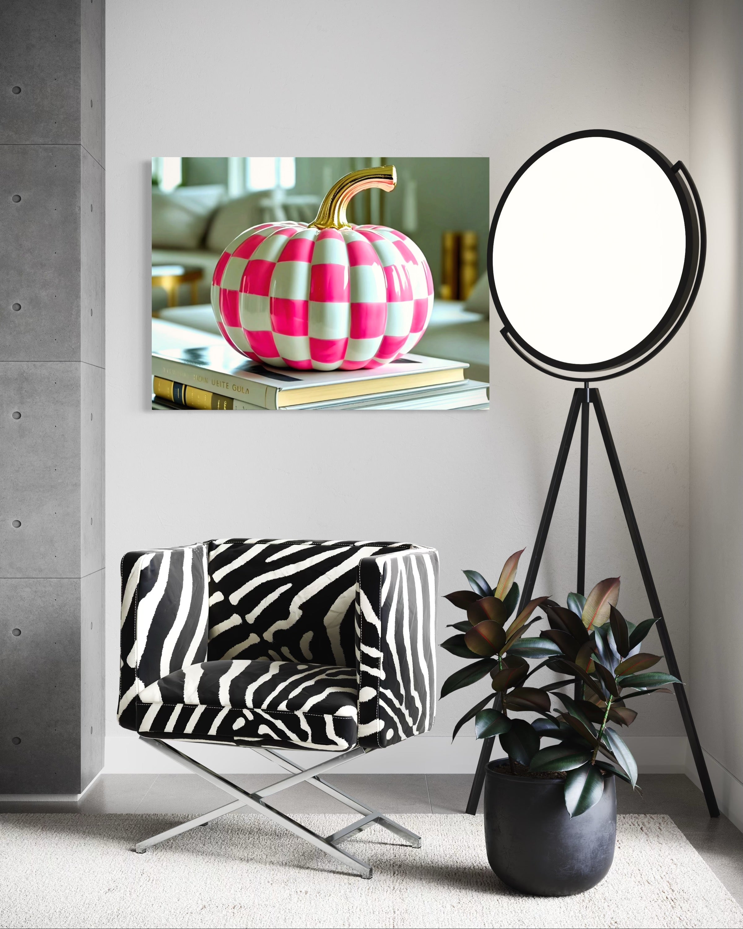 Pink and White Checkered Gold Stem Ceramic Pumpkin