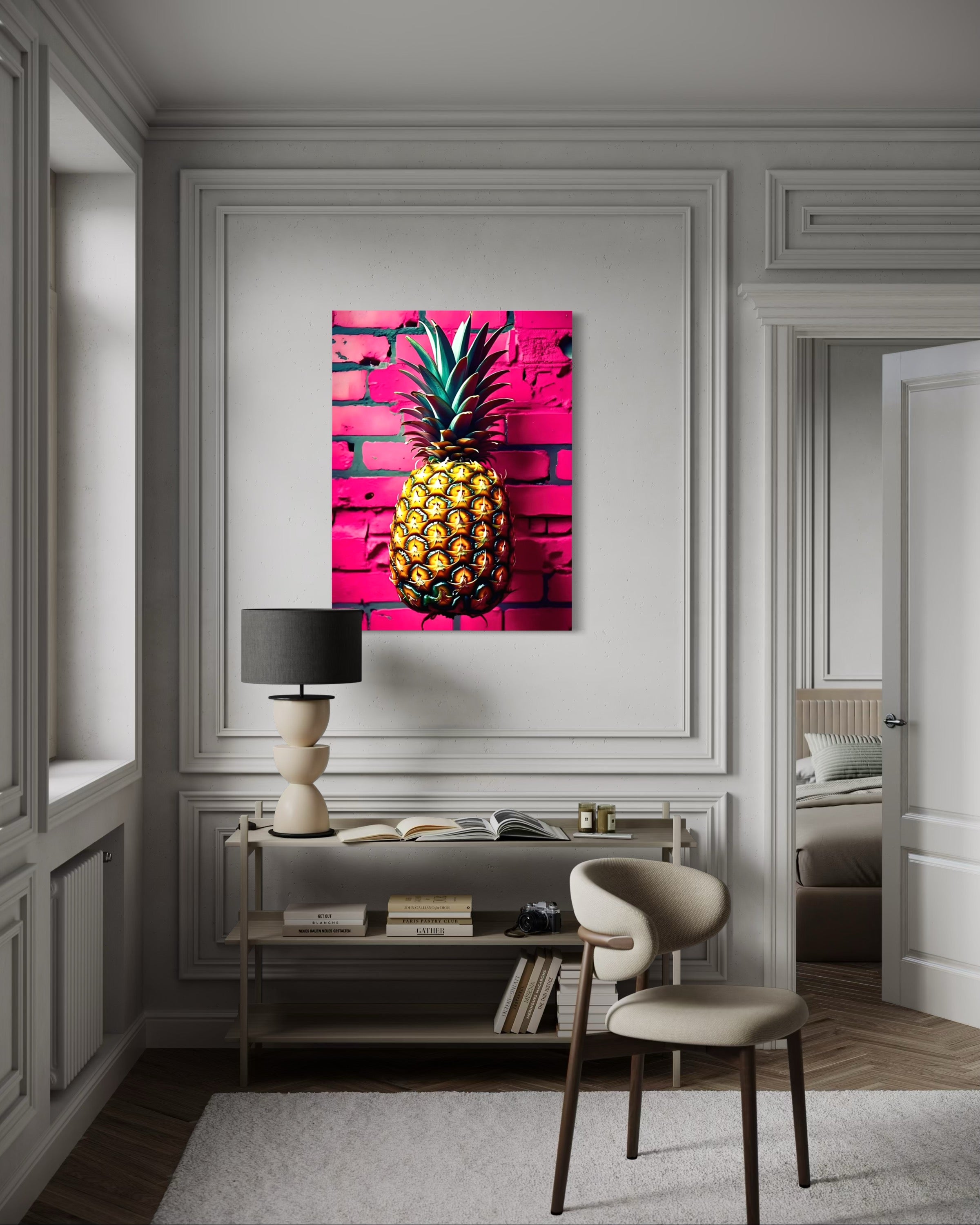 Vibrant Pineapple with Hot Pink Brick Background