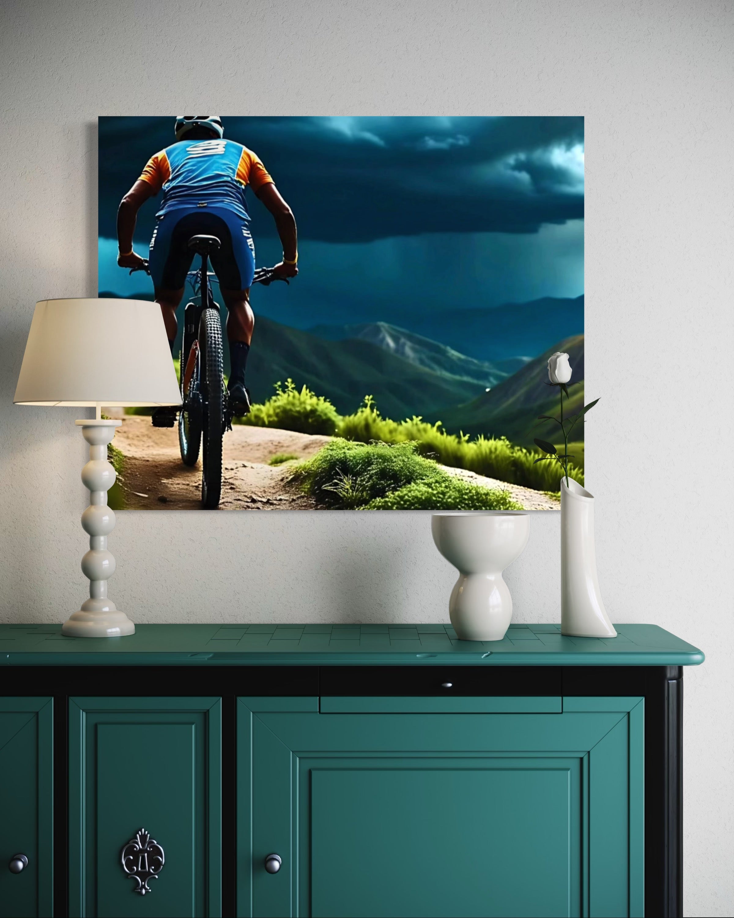 Men Mountain Biking into Rain Museum Print