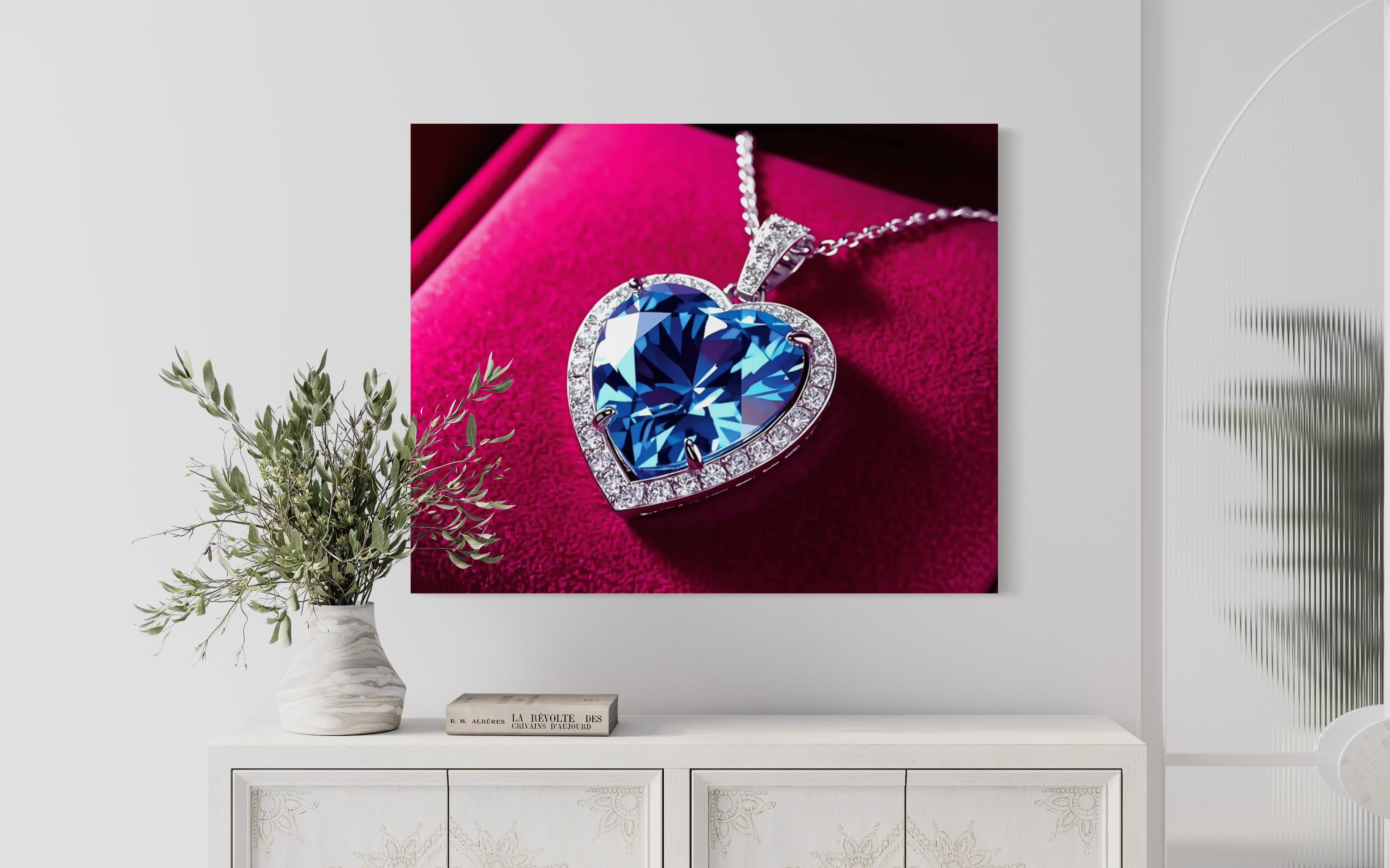 Blue Diamond Heart Necklace on Pink Velvet Museum Print