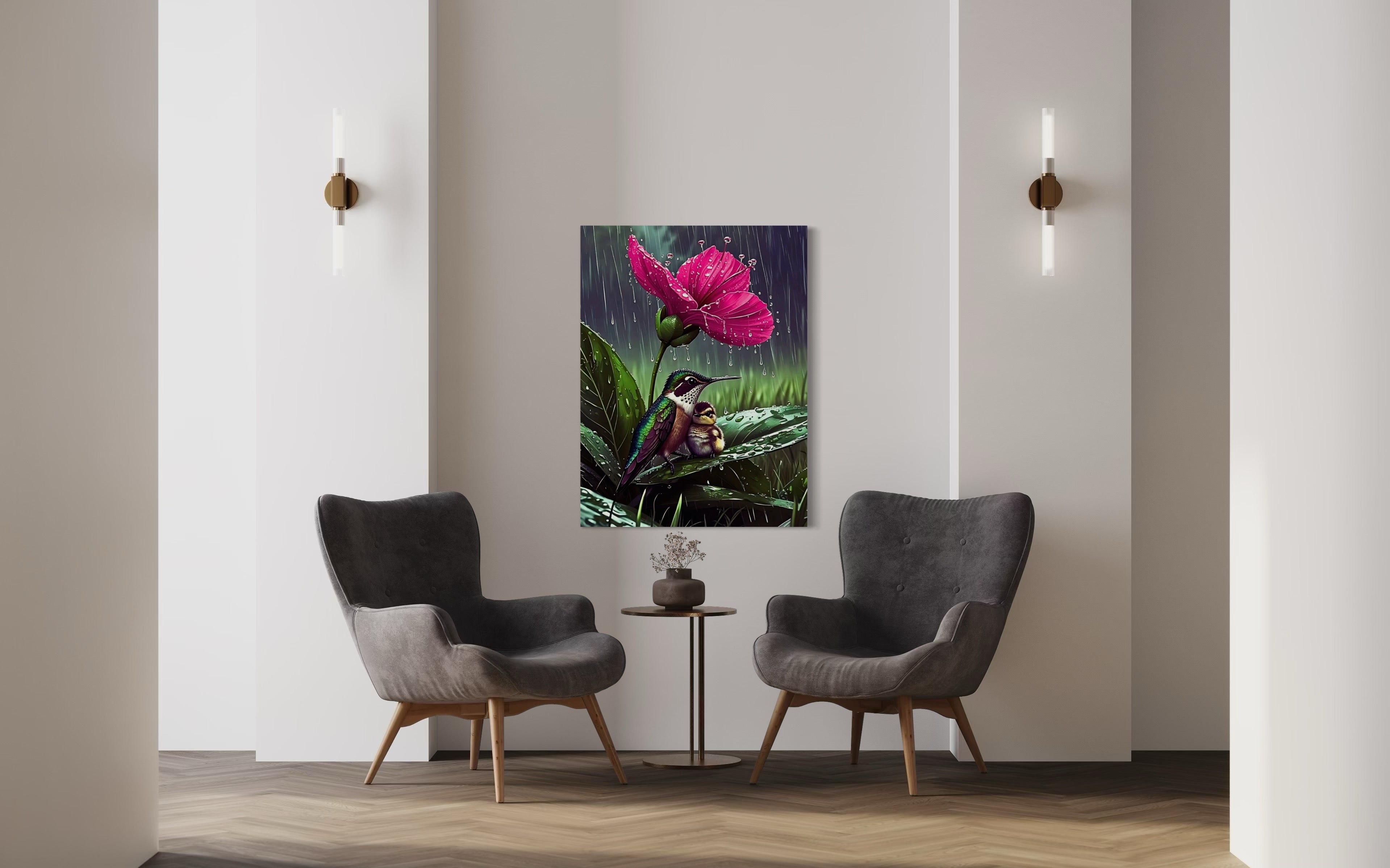 Hummingbirds in the Rain under a Flower