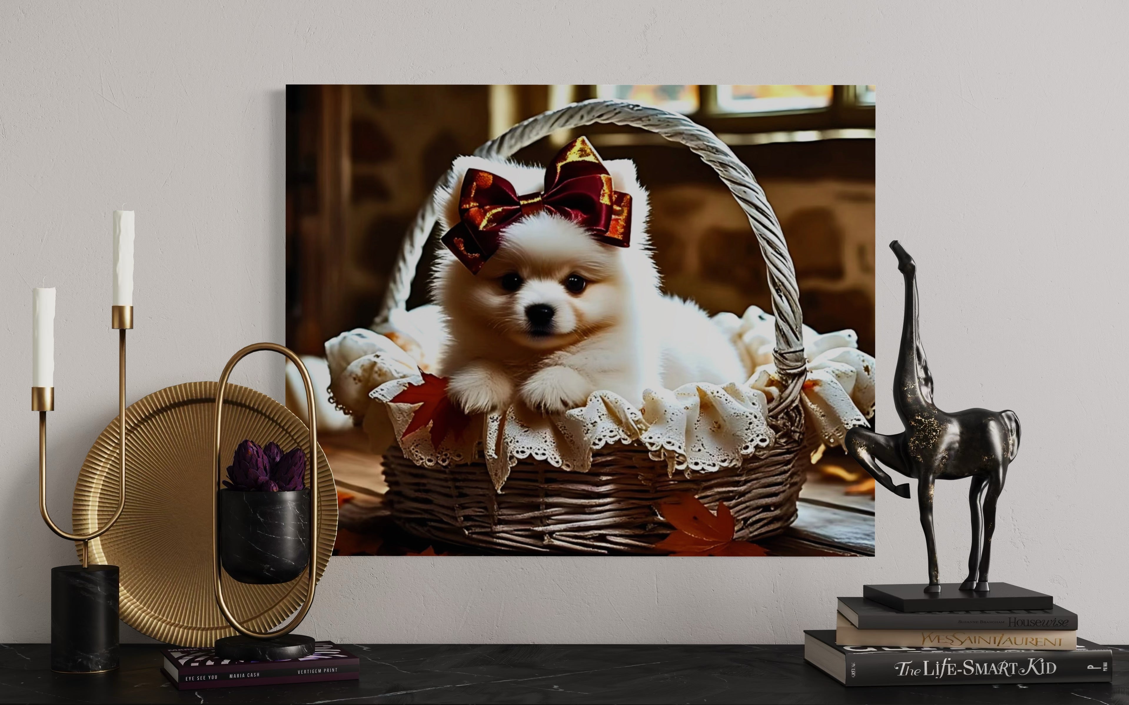 Autumn Pomeranian Puppy Girl with Bow in Basket