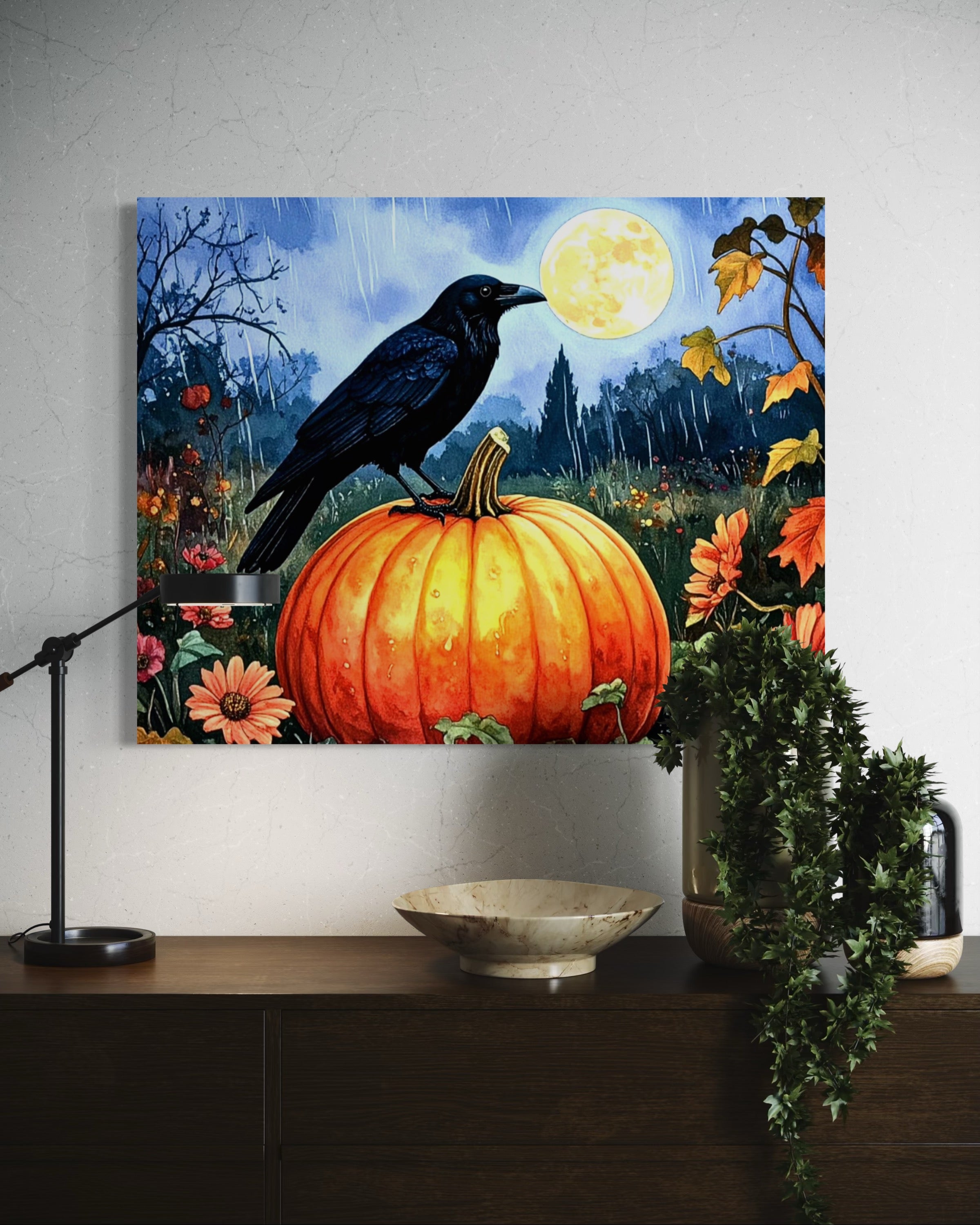 Crow on Pumpkin in Rain
